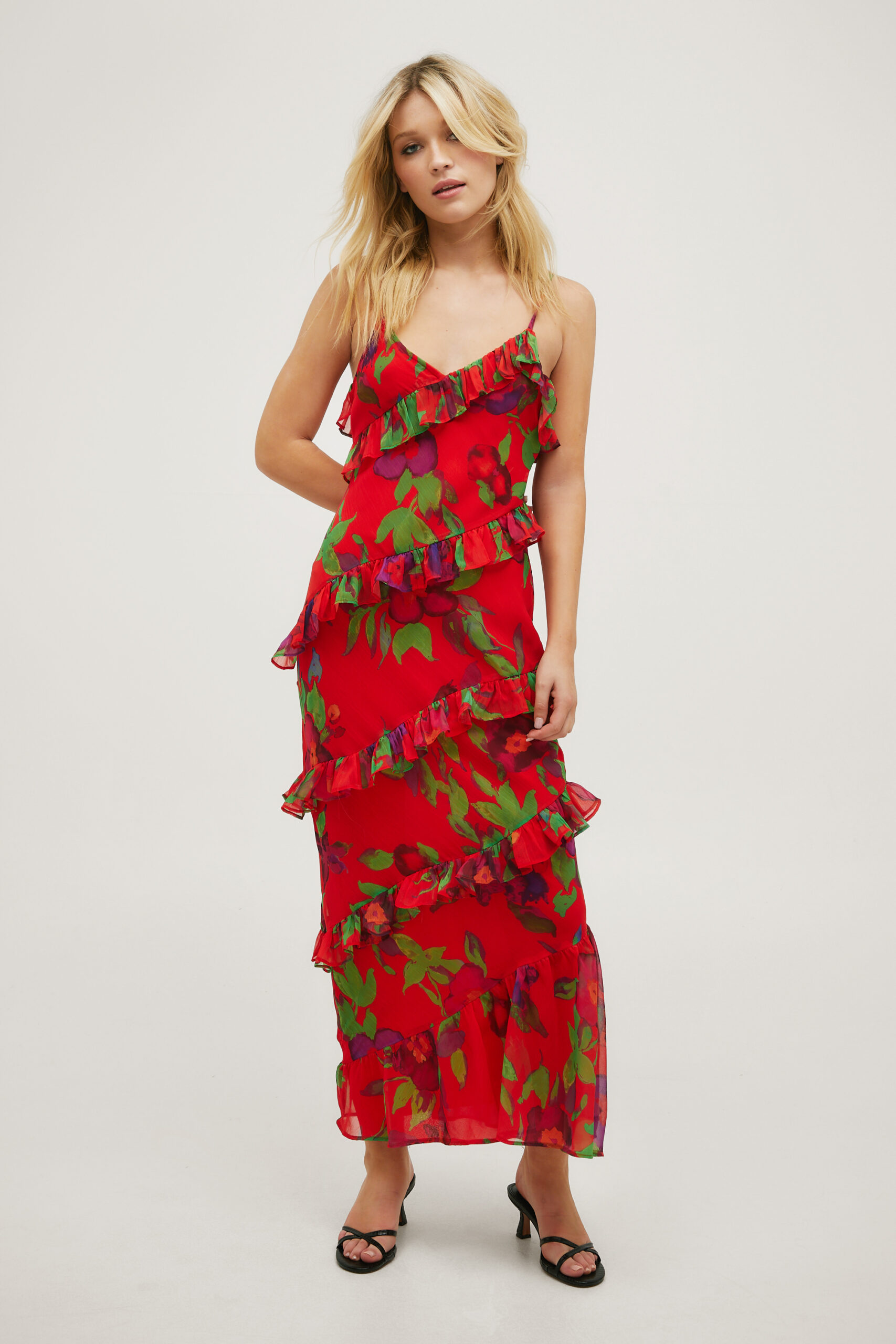 Floral Ruffle Tiered Chiffon Maxi Dress