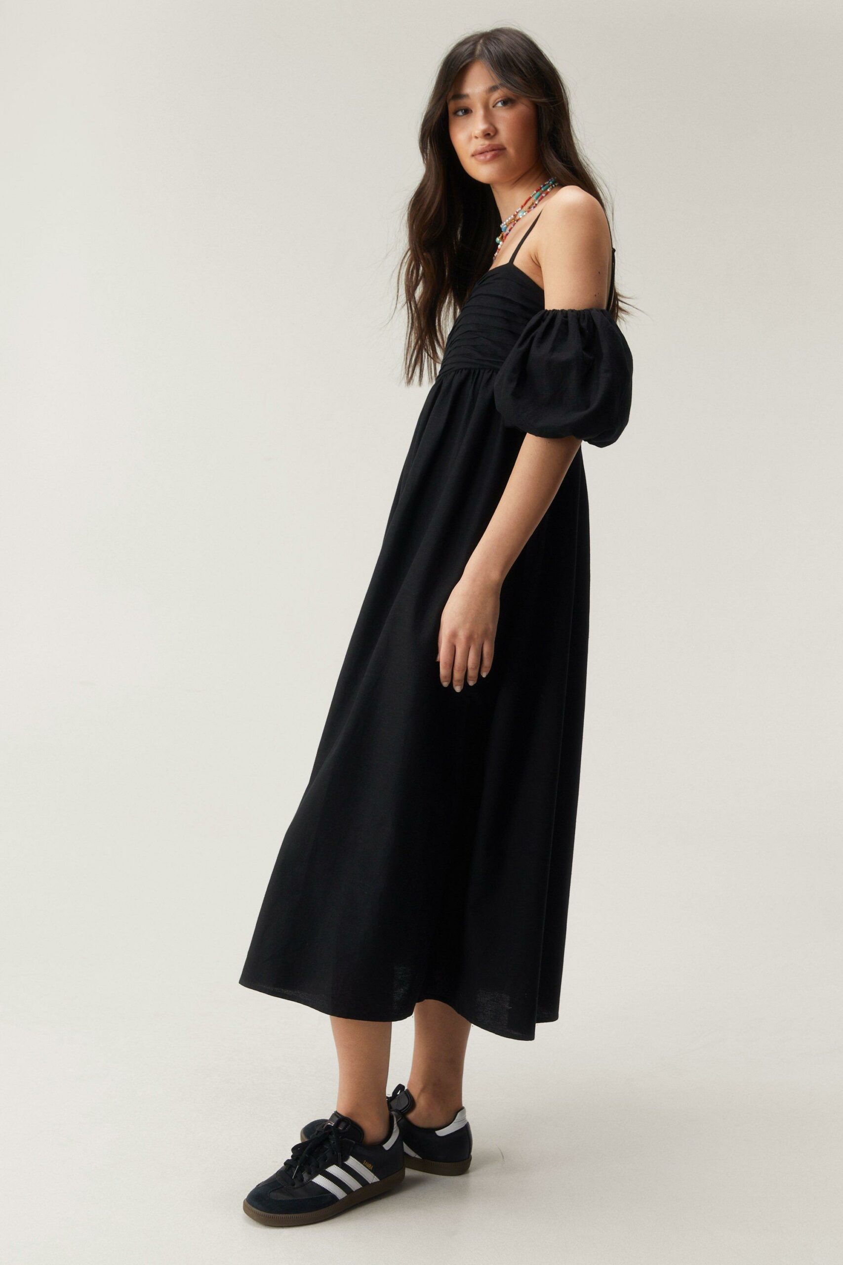 Linen Mix Strappy Puff Sleeve Midi Dress