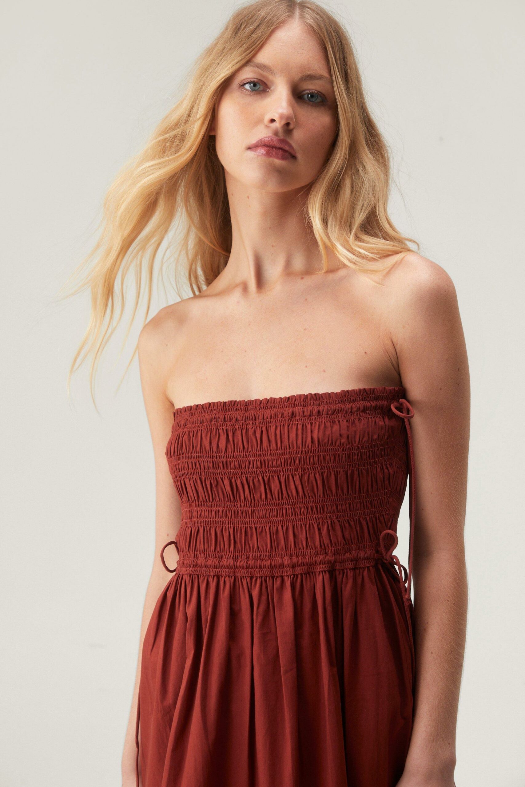 Cotton Shirred Bust Bandeau Midi Dress