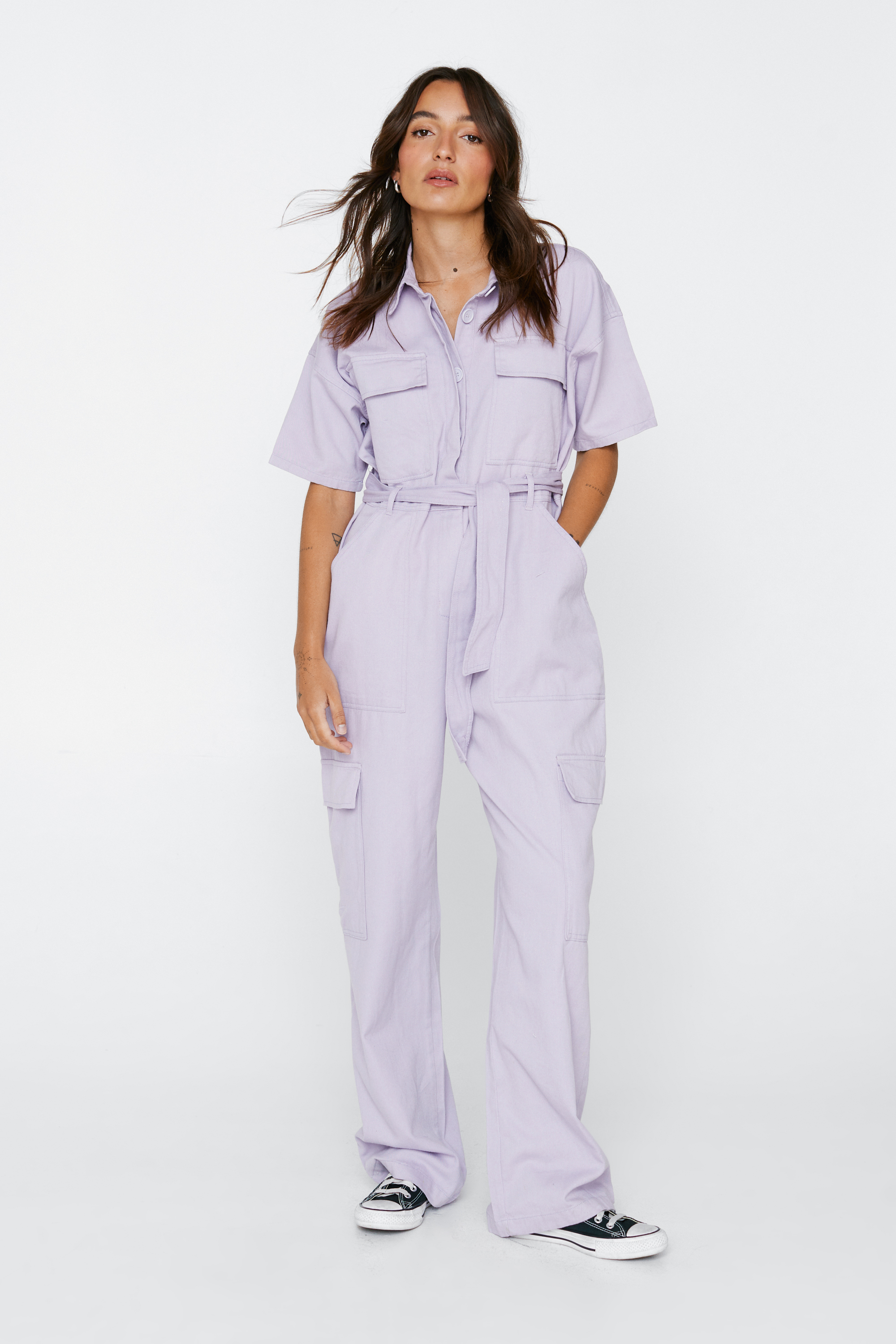 Petite Twill Belted Utility Jumpsuit