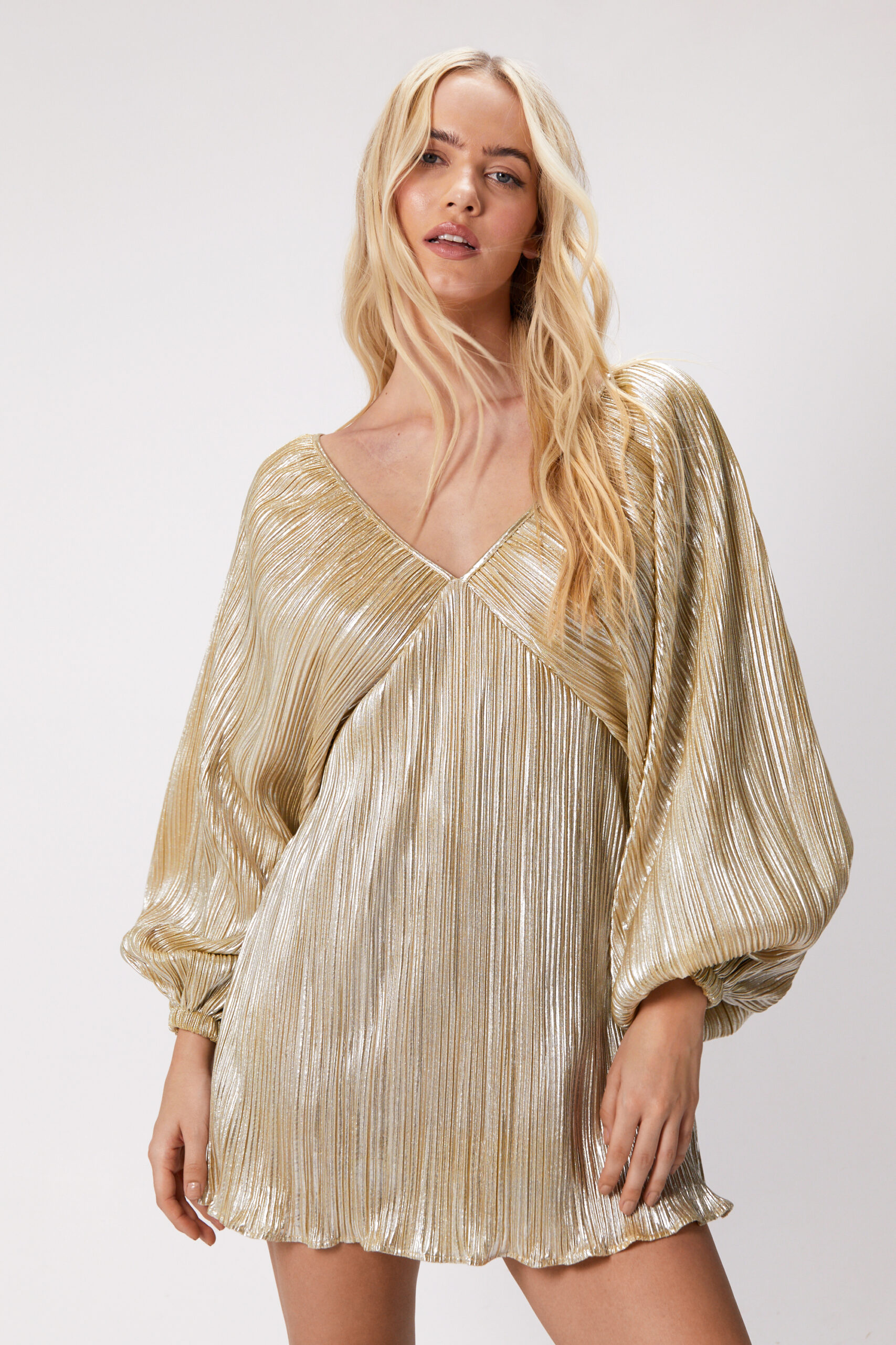 Metallic Pleated Balloon Sleeve Mini Dress