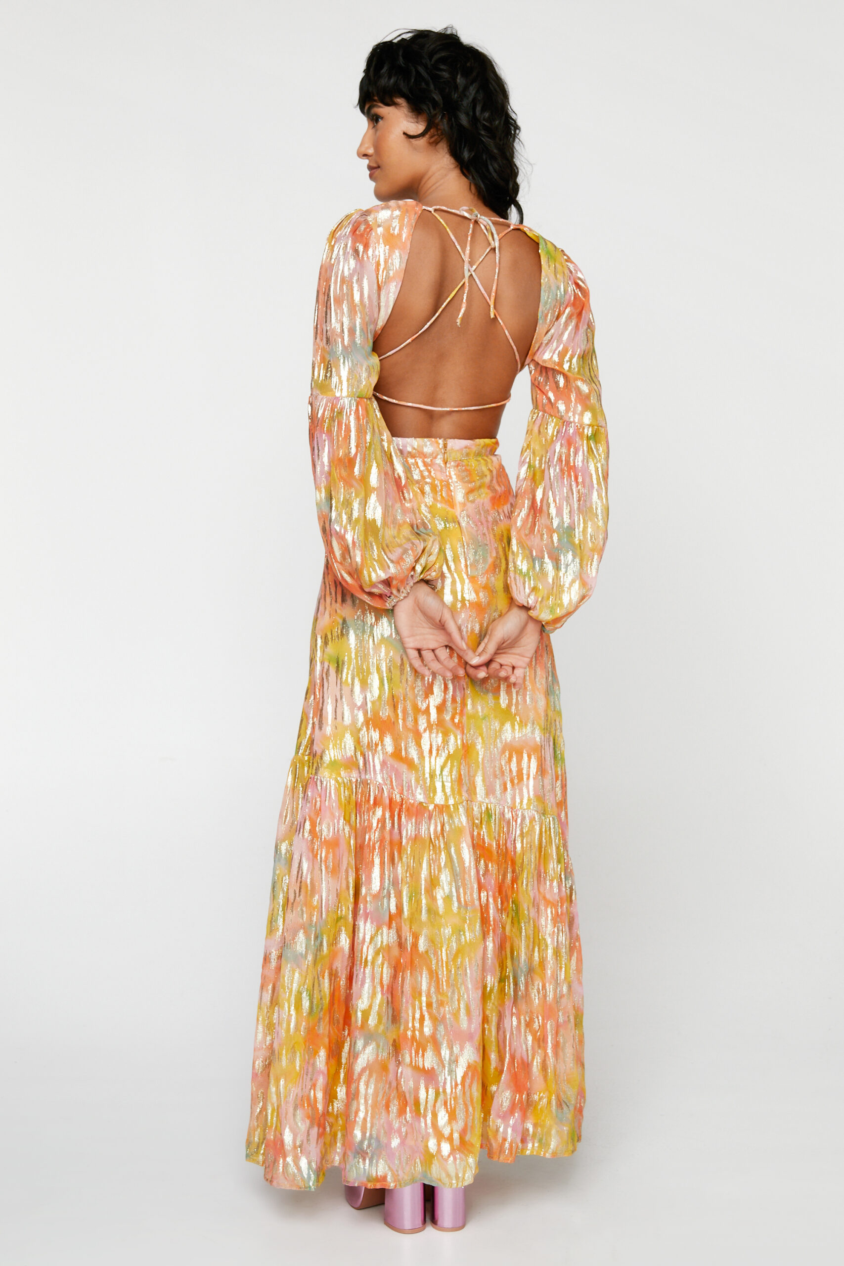 Metallic Blurred Floral Open Back Maxi Dress