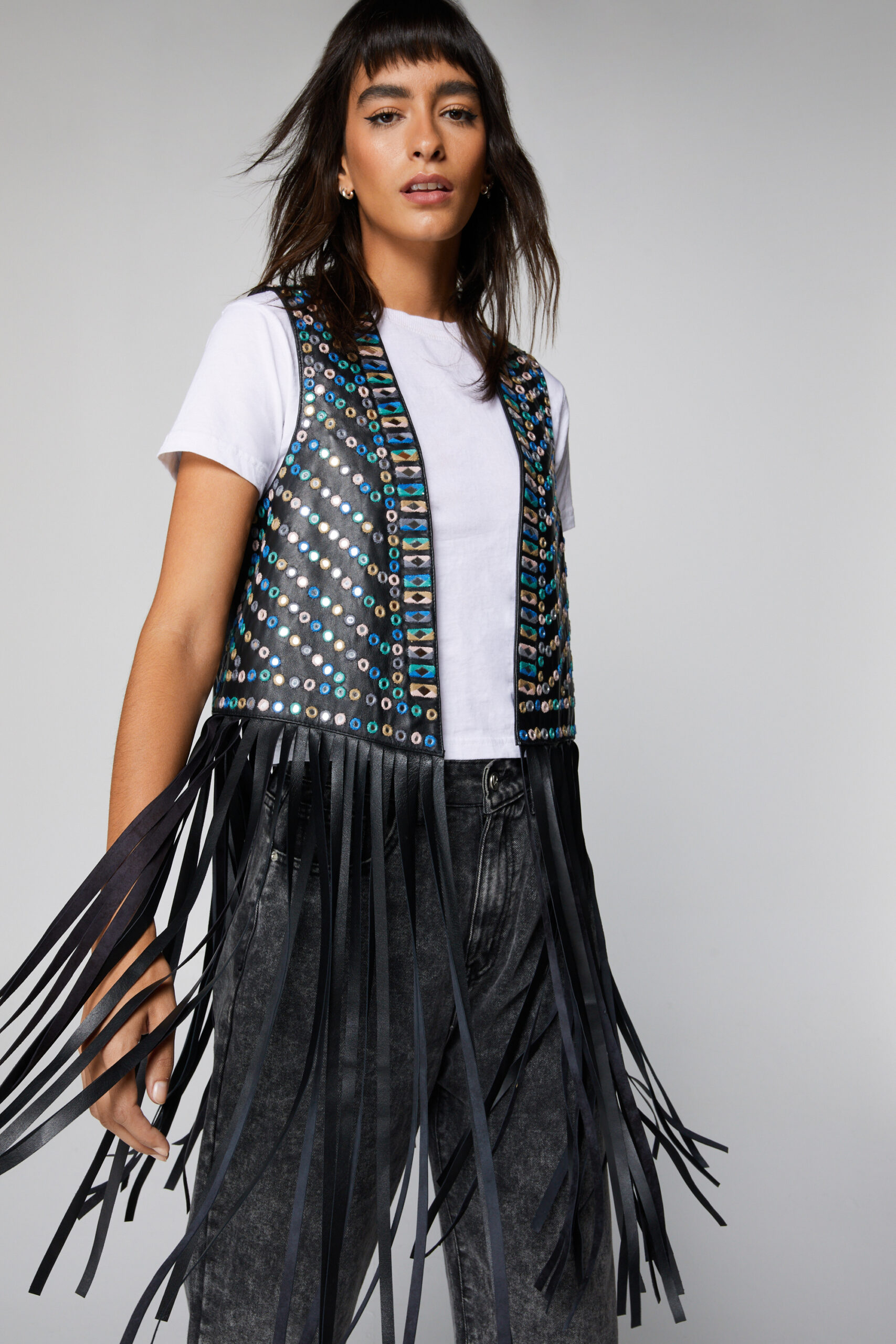 Real Leather Mirror Embellished Tassel Vest