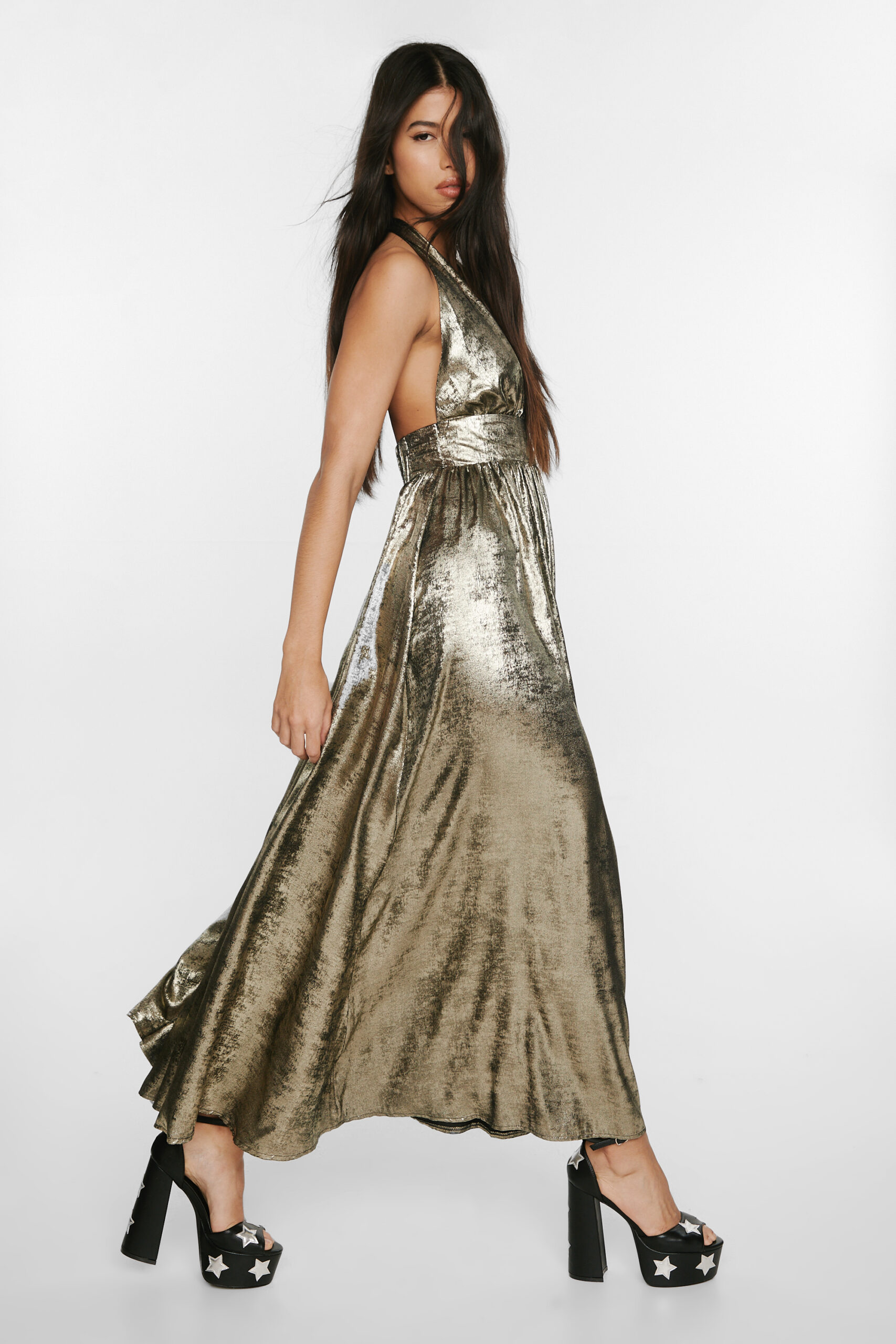 Metallic Plunge Maxi Dress