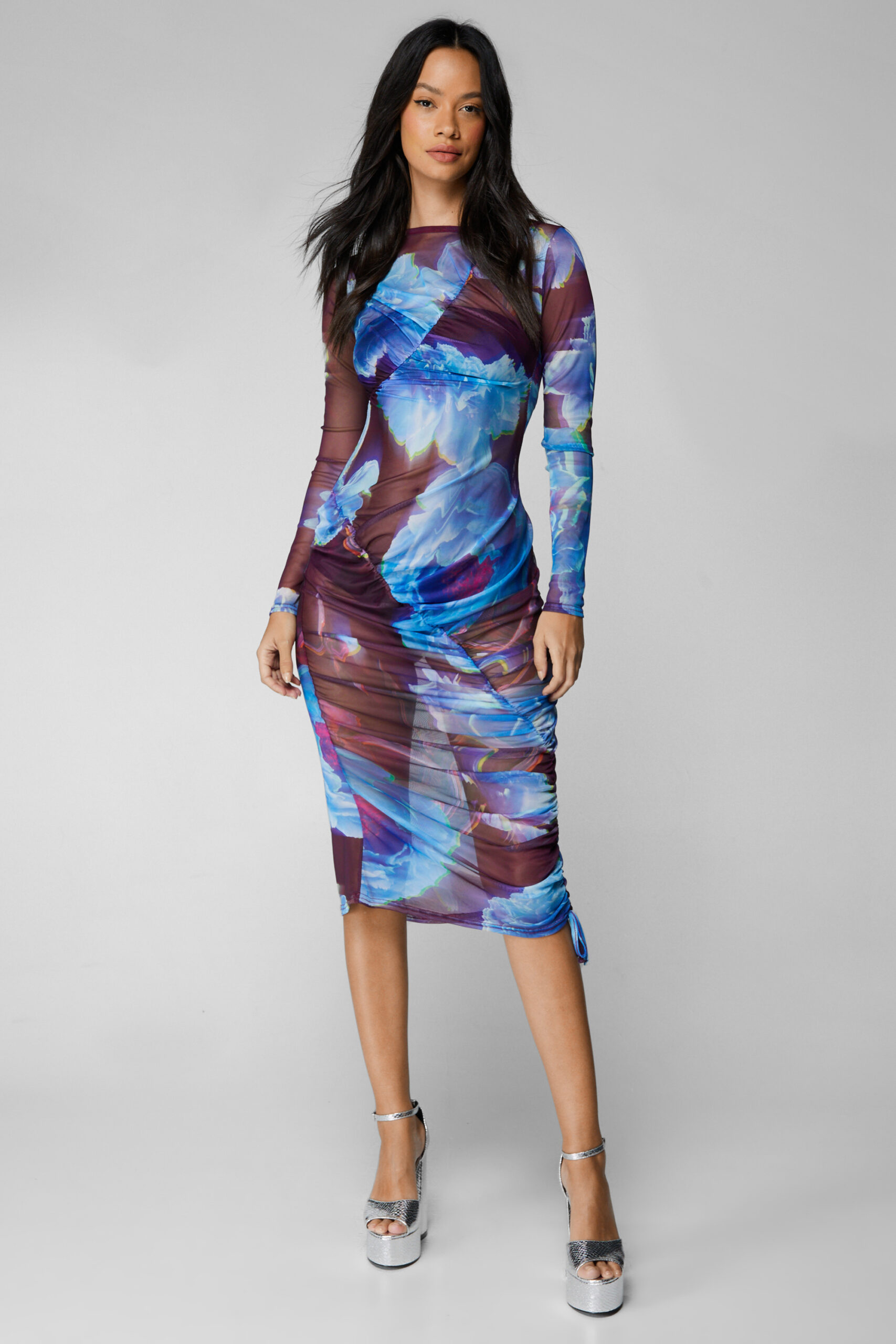 Printed Mesh Ruched Midi Dress