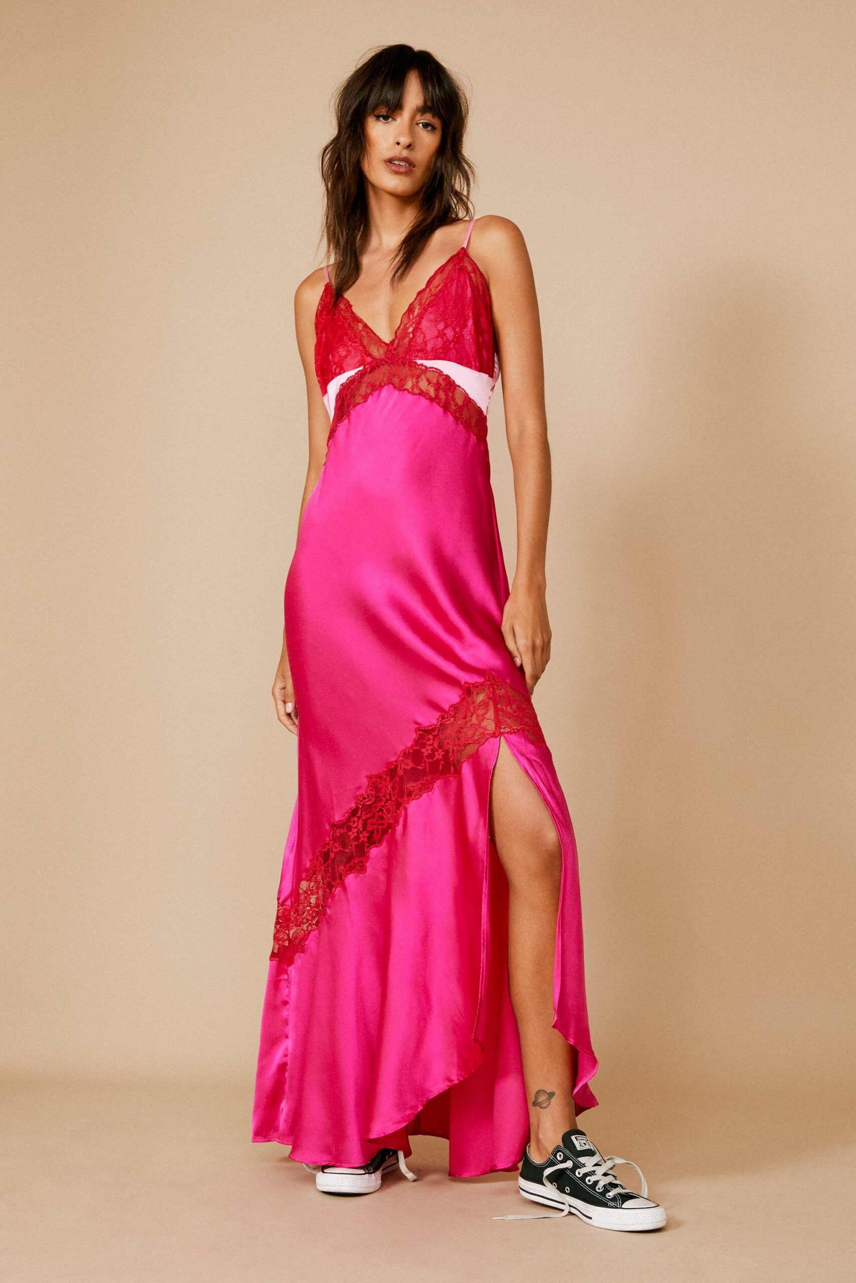 Satin Lace Trim Maxi Dress