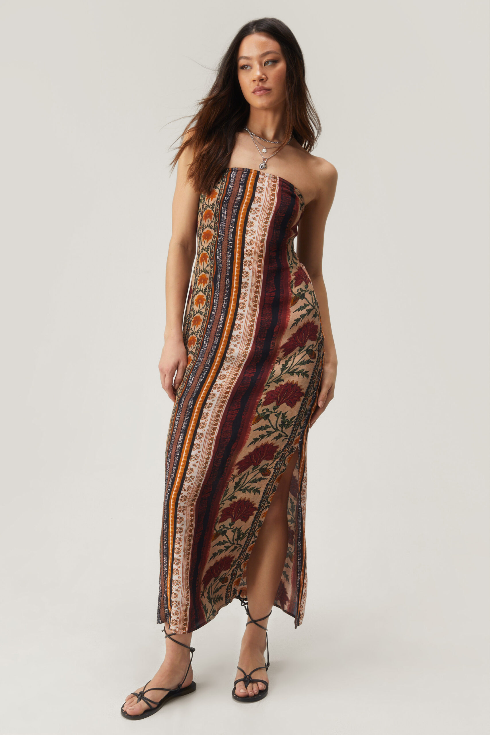 Floral Stripe Tie Back Bandeau Maxi Dress