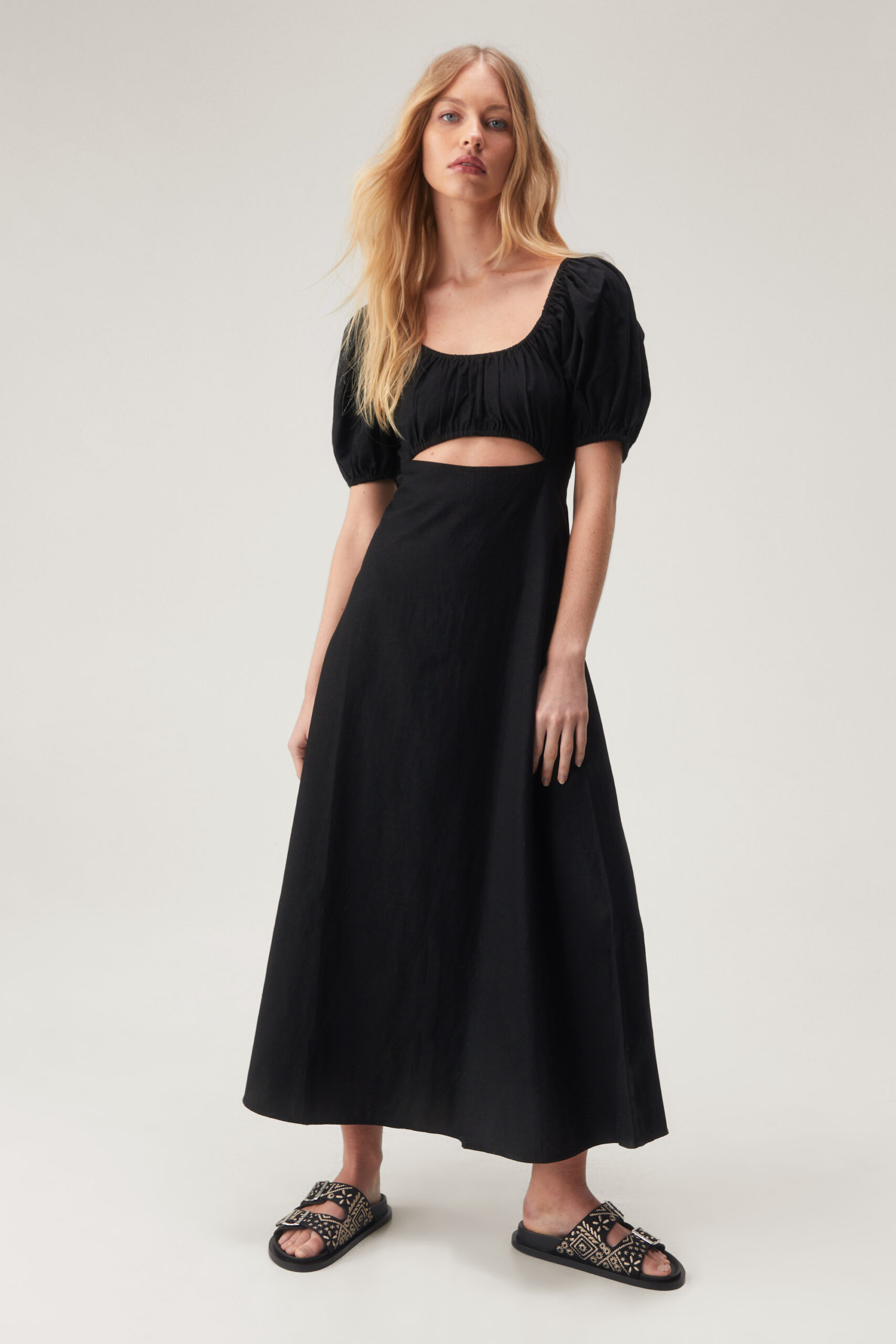 Linen Mix Puff Sleeve A Line Maxi Dress