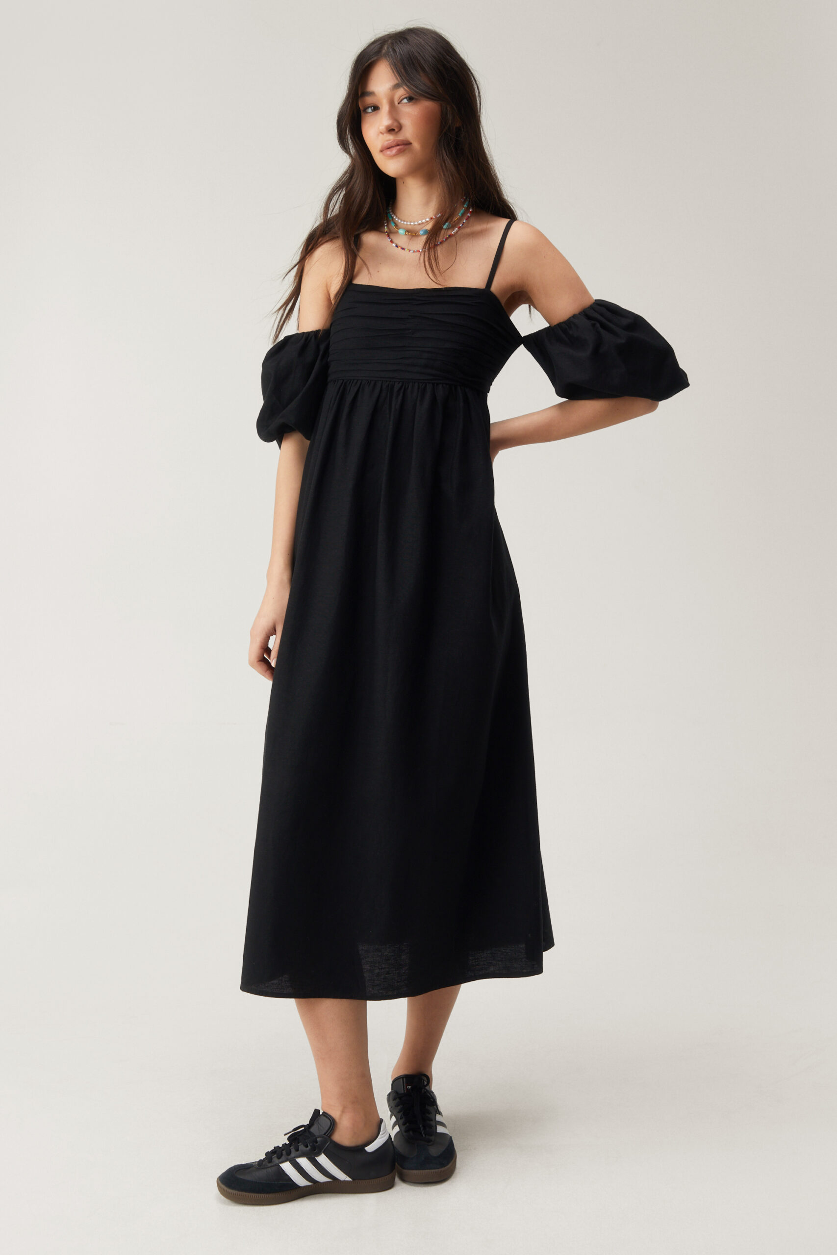 Linen Mix Strappy Puff Sleeve Midi Dress