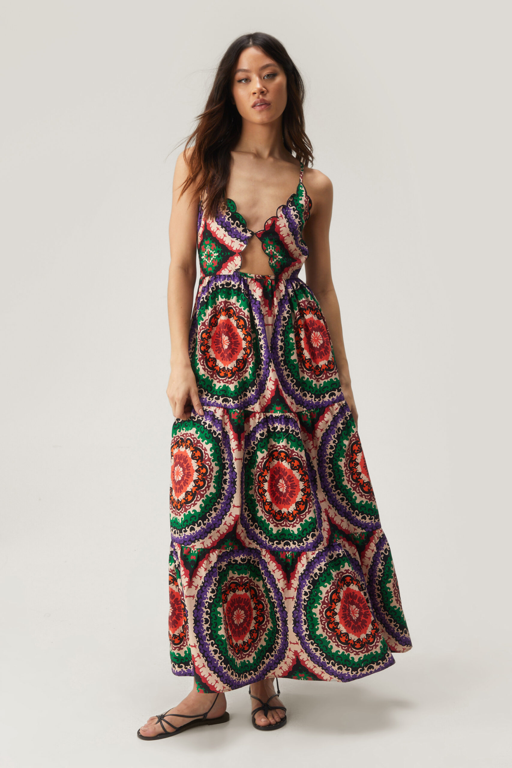 Cotton Scallop Hem Printed Maxi Dress