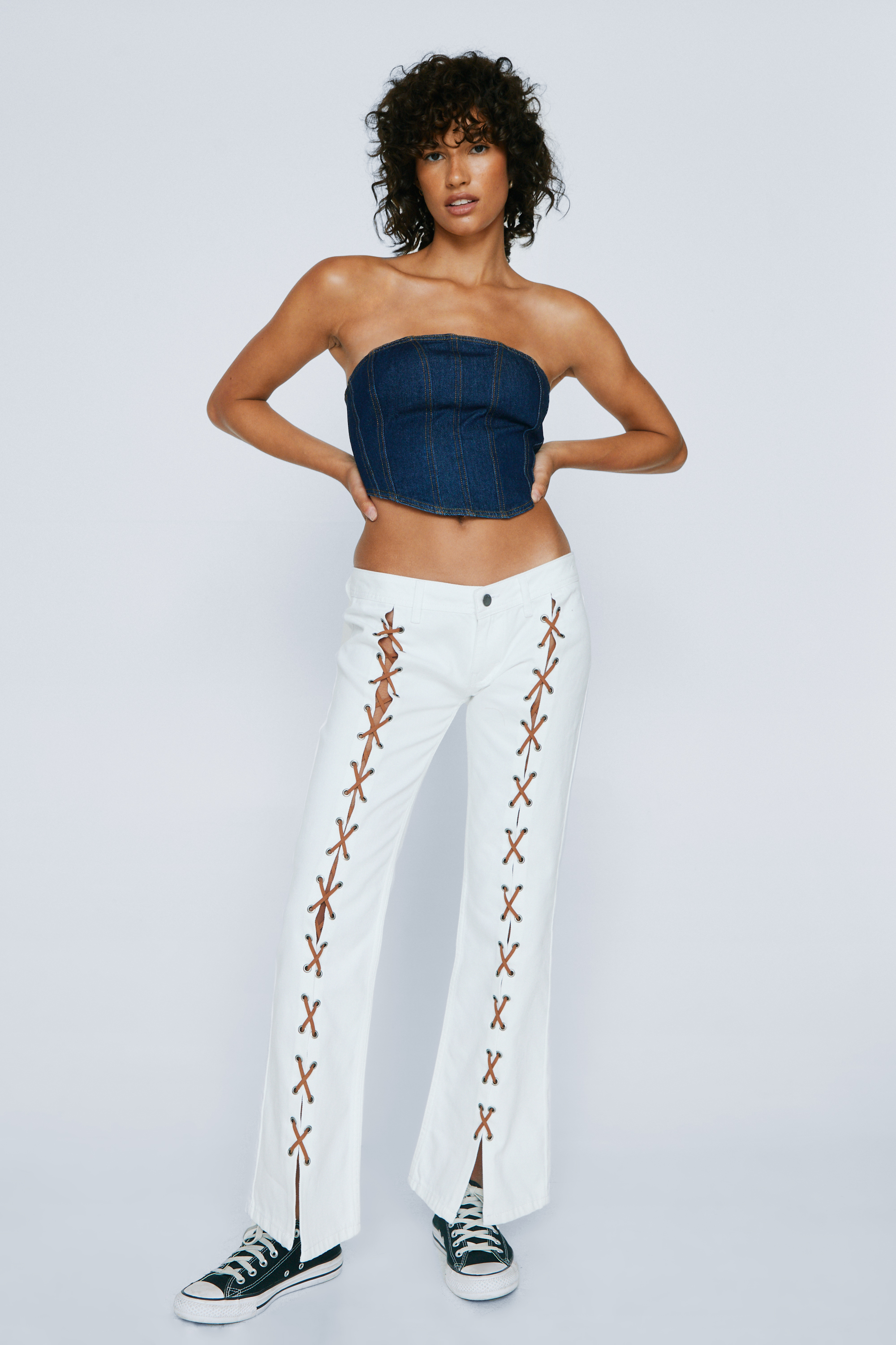 Petite Lattice Split Front Flared Denim Jeans