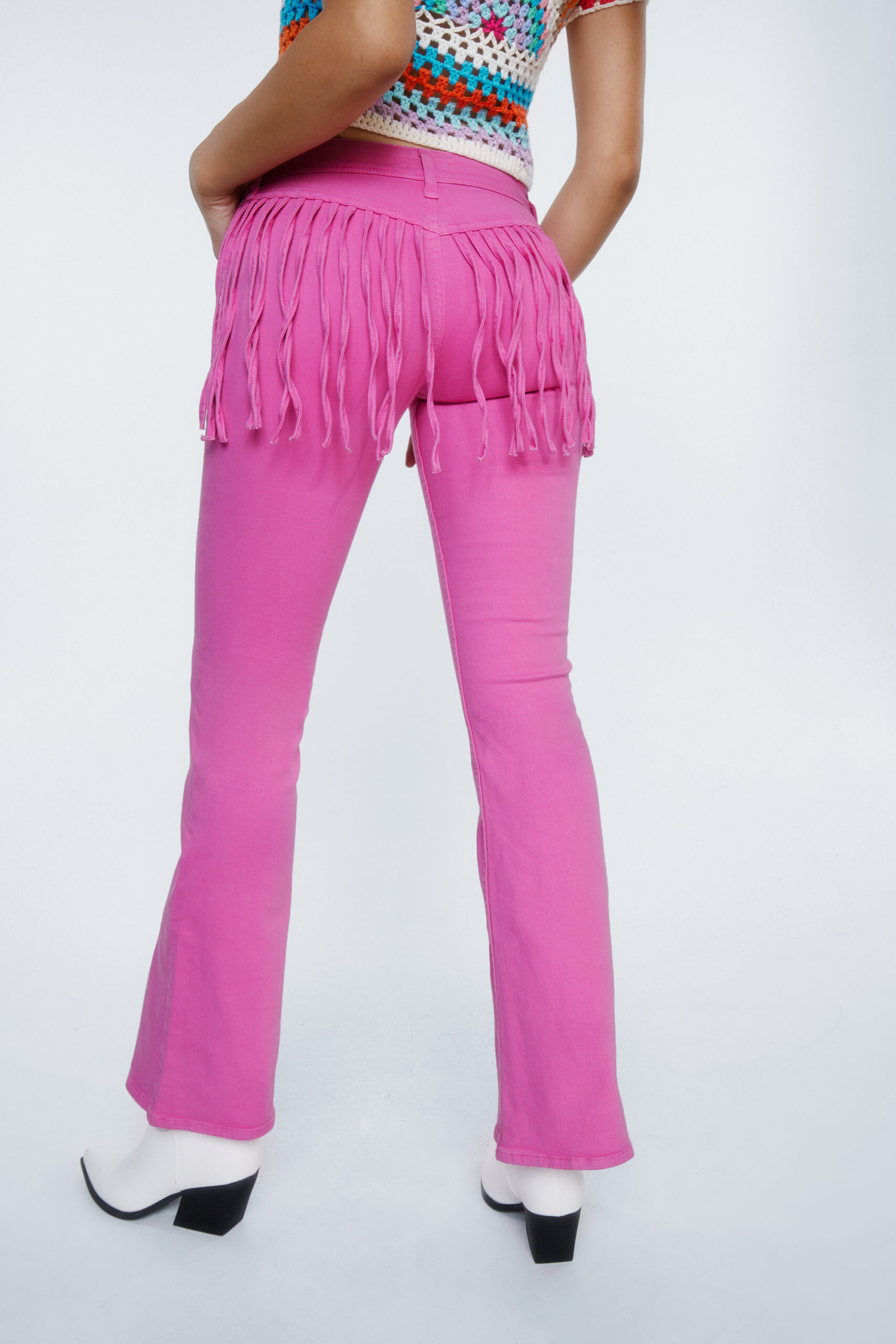 Low Rise Fringed Denim Flared Pants