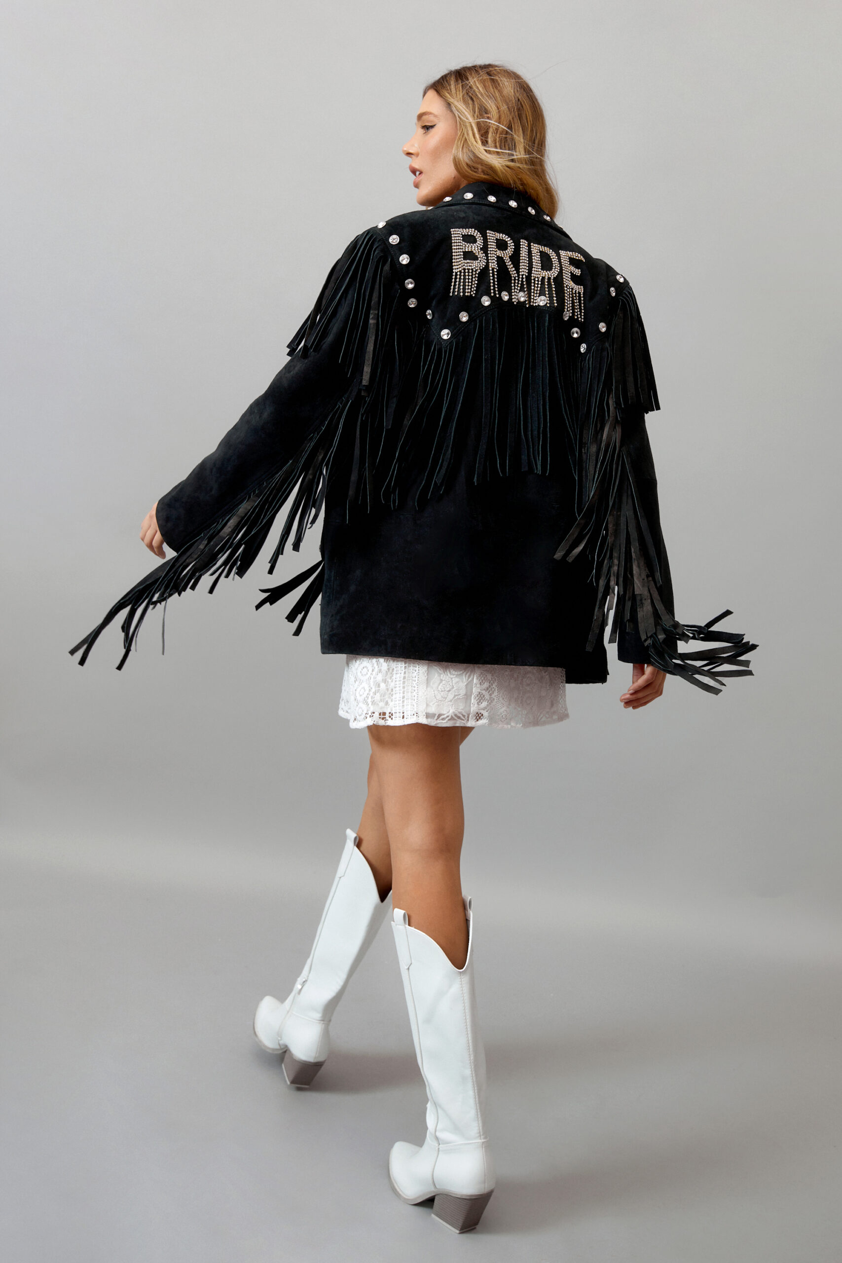 Real Suede Bridal Embellished Fringe Jacket