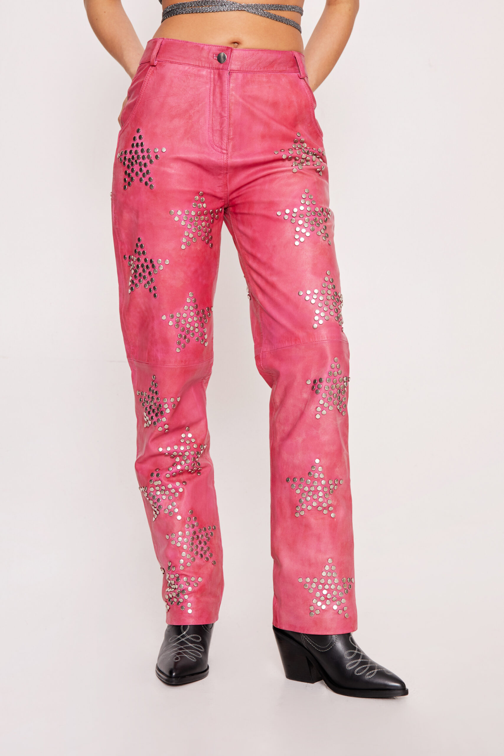 Petite Real Leather Star Studded Straight Leg Pants