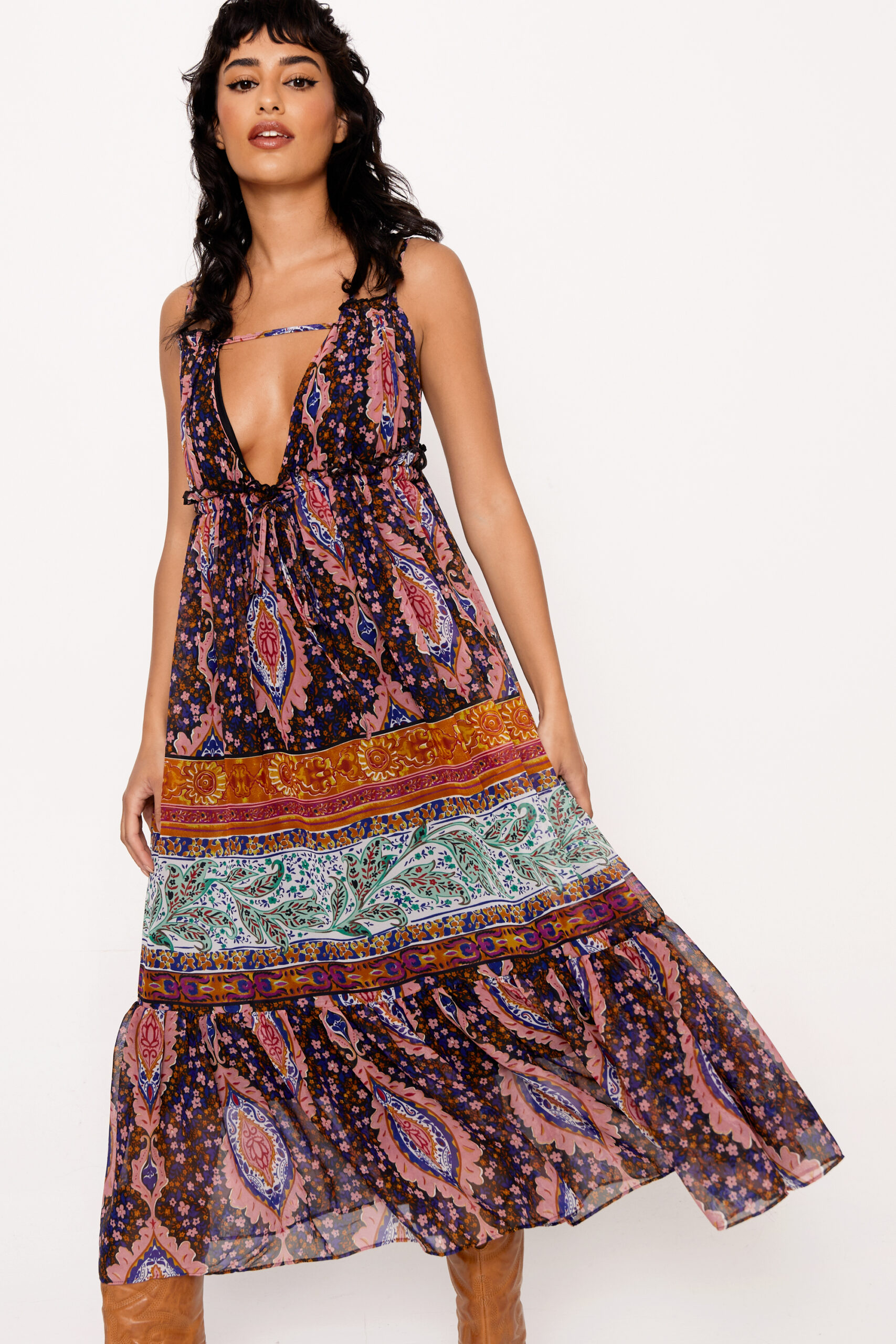 Mixed Scarf Print Strappy Midi Dress