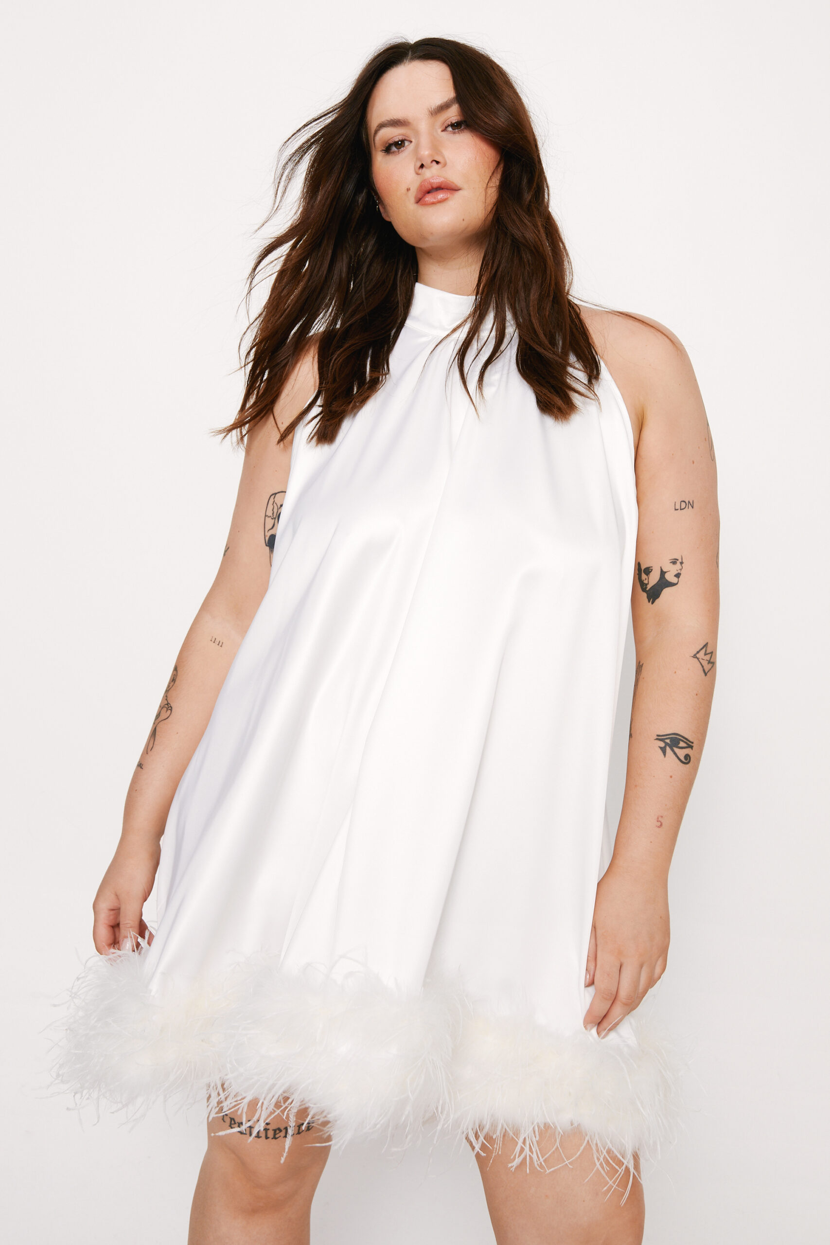 Plus Size Satin Feather Swing Dress