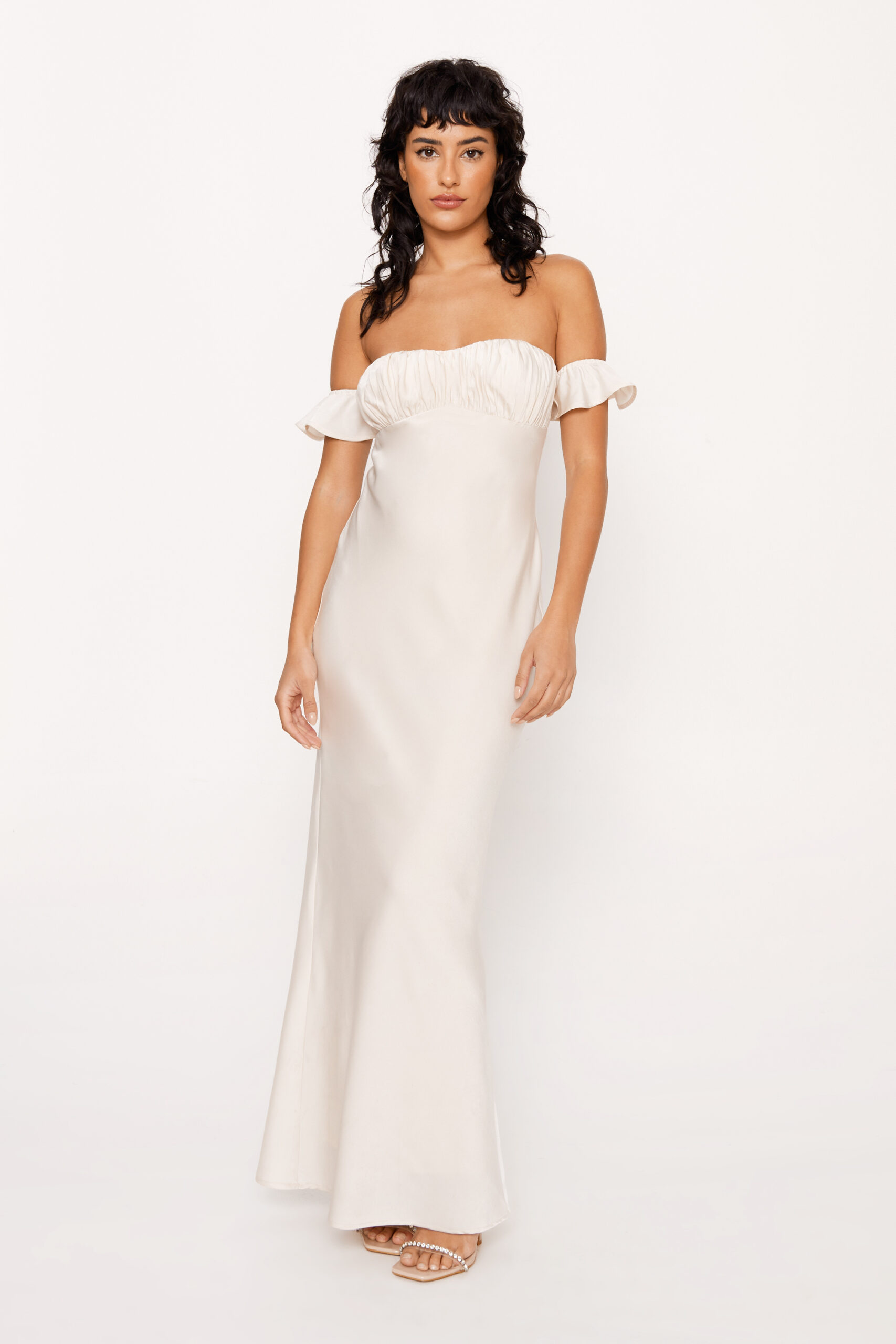 Satin Ruched Bust Bardot Maxi Dress