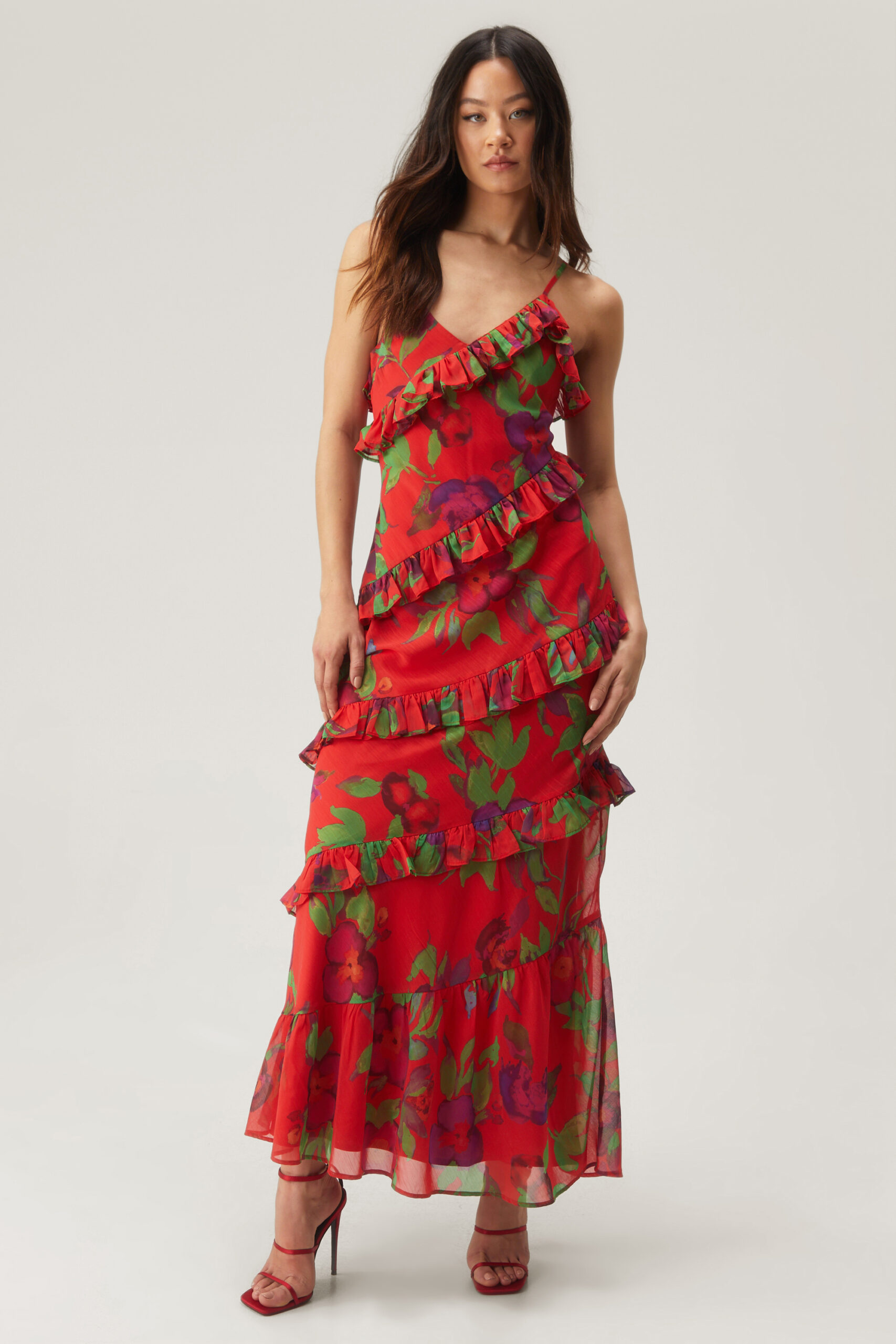 Floral Ruffle Tiered Chiffon Maxi Dress