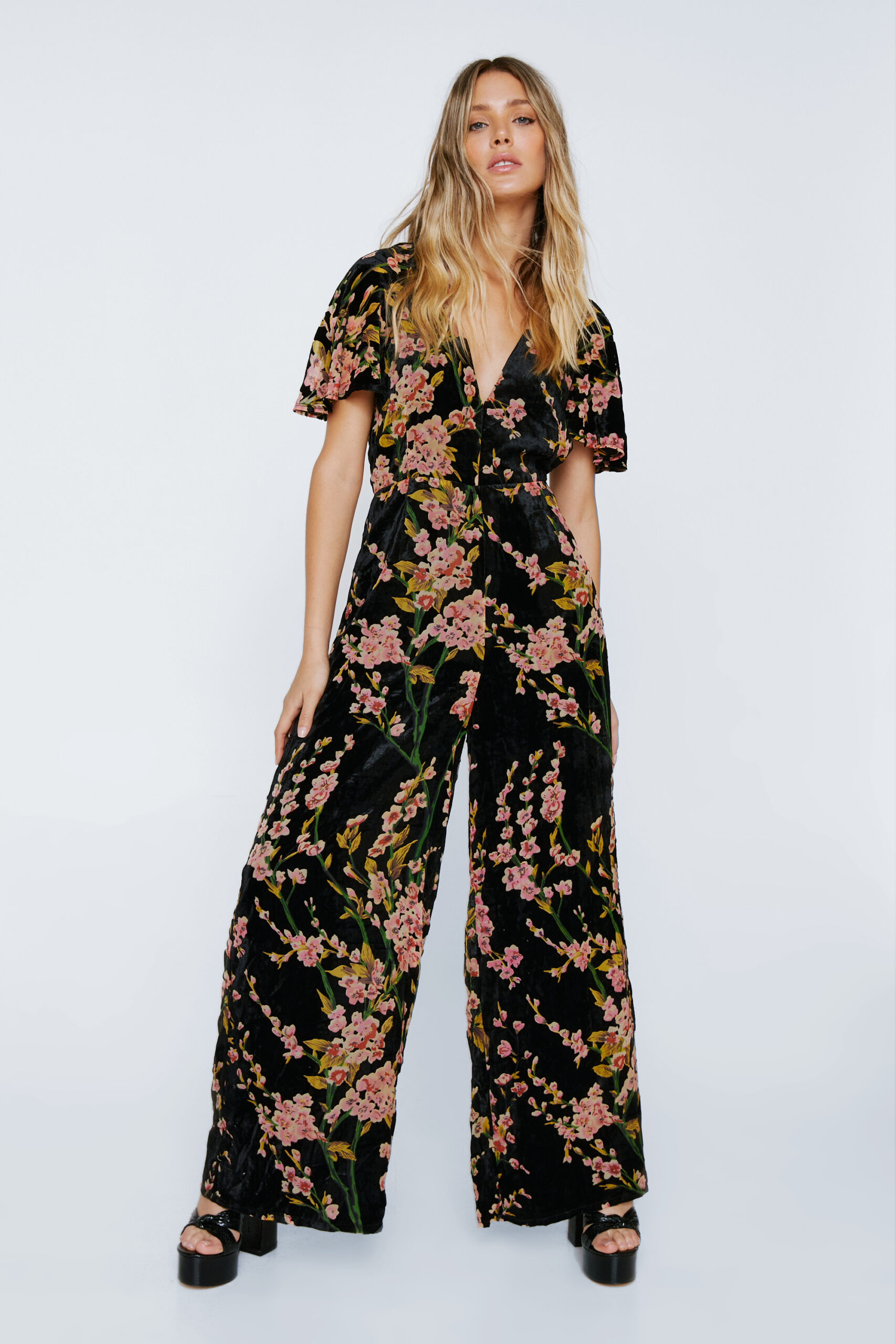 Floral Devore Angel Sleeve Jumpsuit