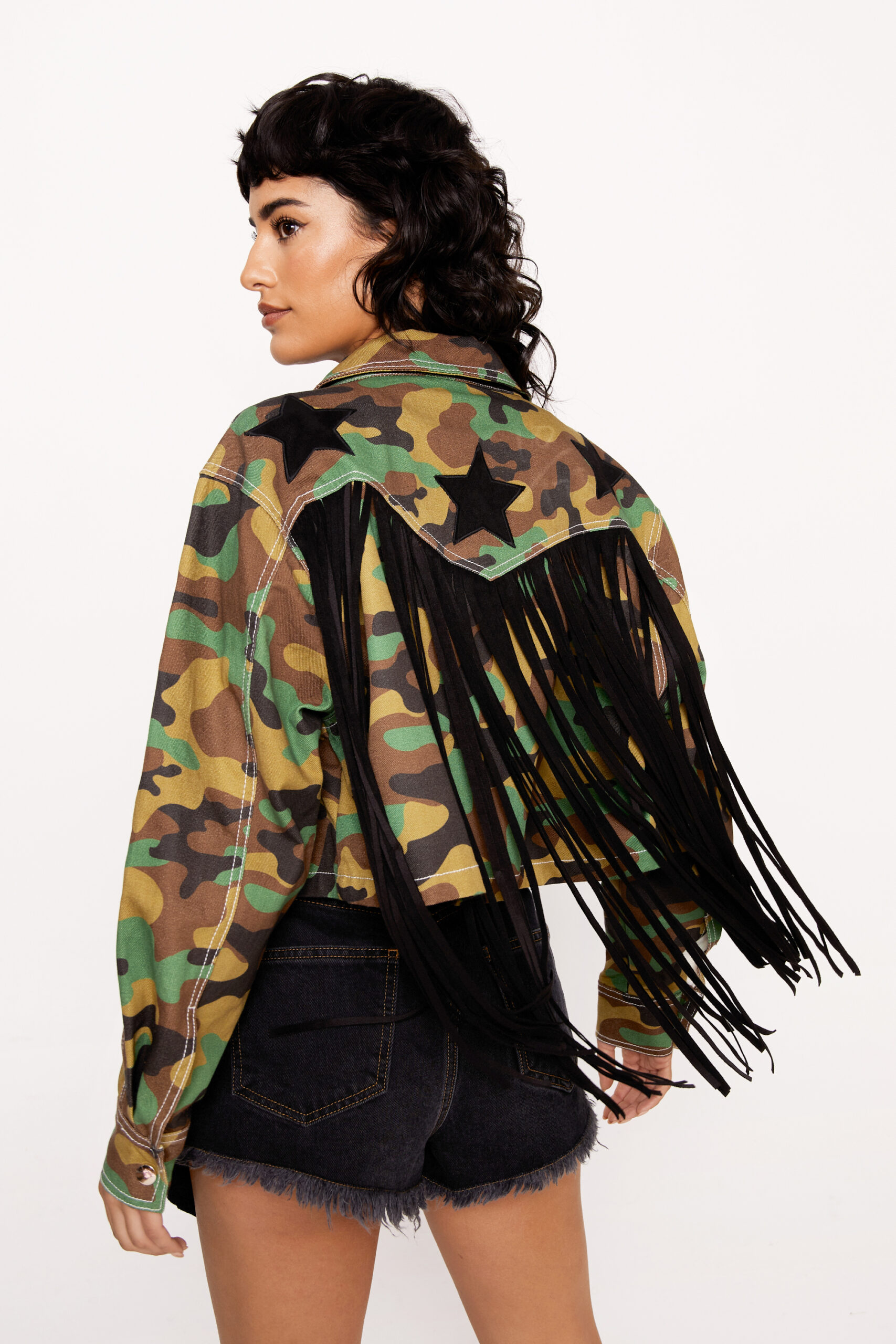 Camo Star Detail Fringe Jacket