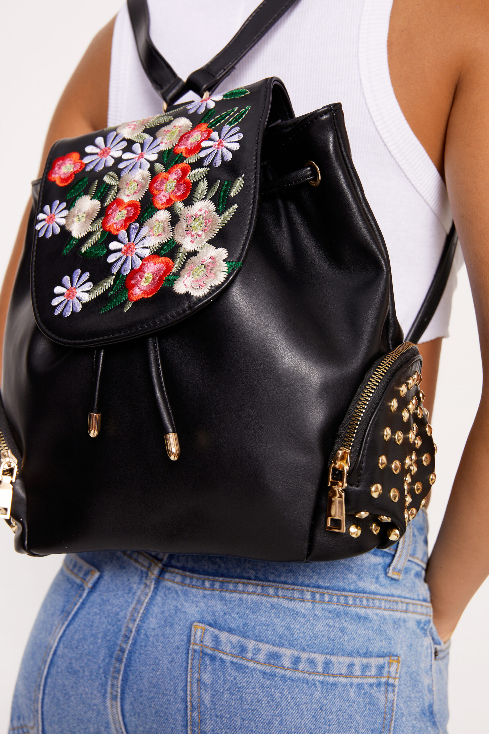 Floral Embriodery & Studded Backpack