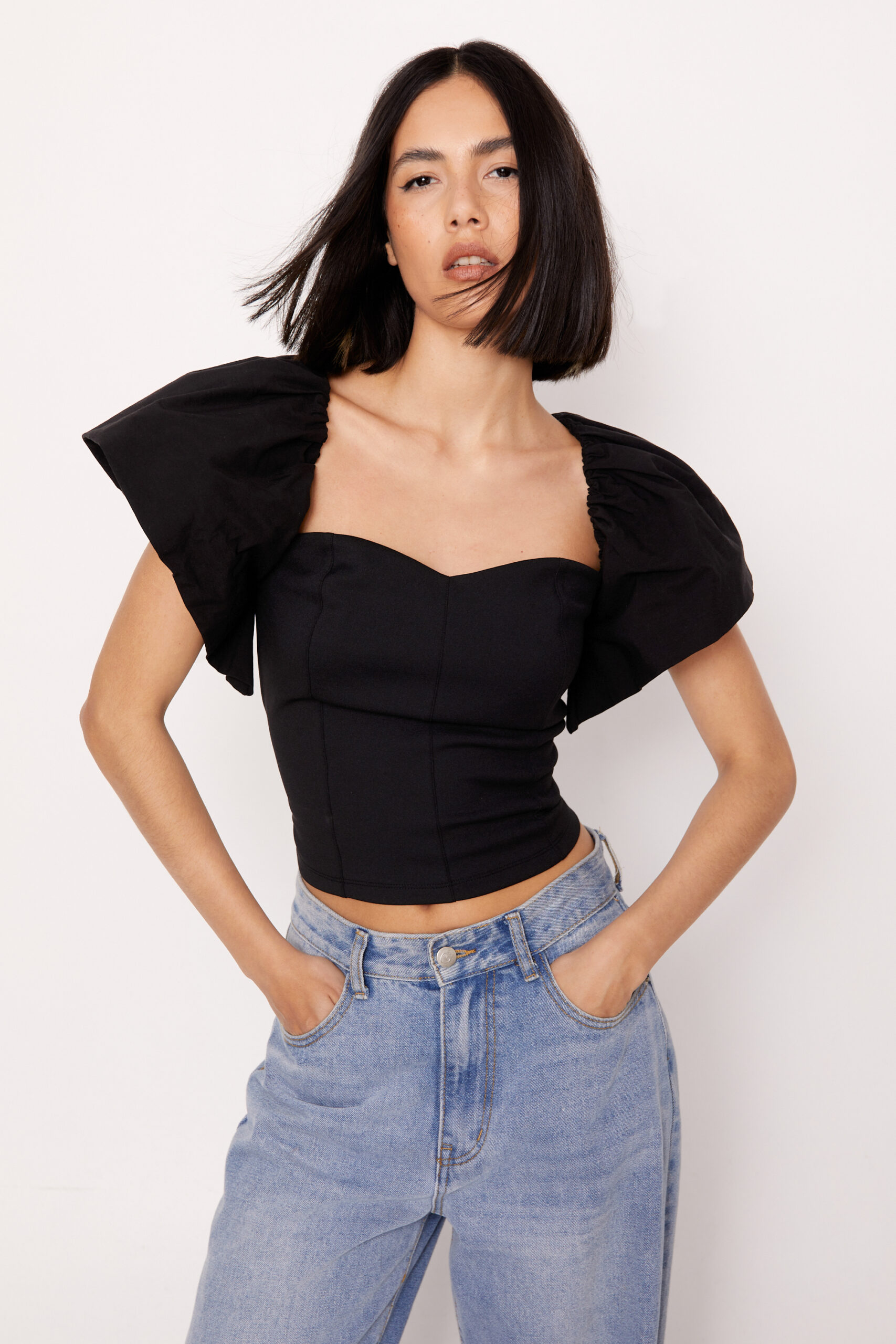 Ponte Sweetheart Neckline Puff Sleeve Woven Mix Top