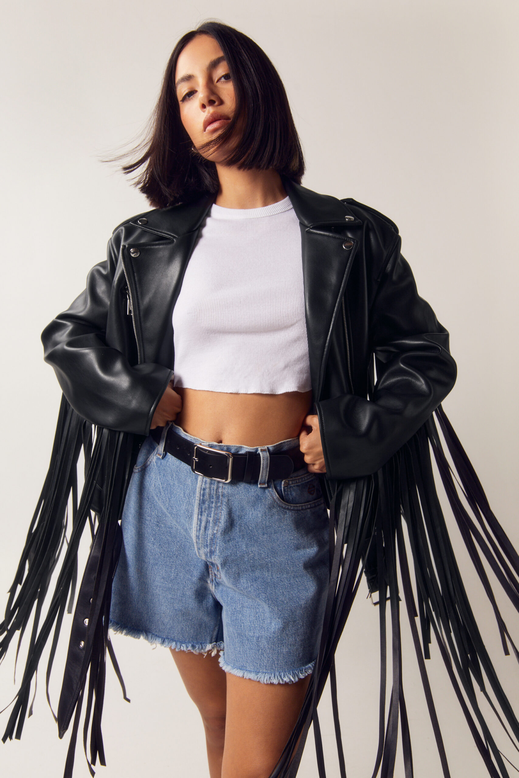 Faux Leather Fringe Back Biker Jacket