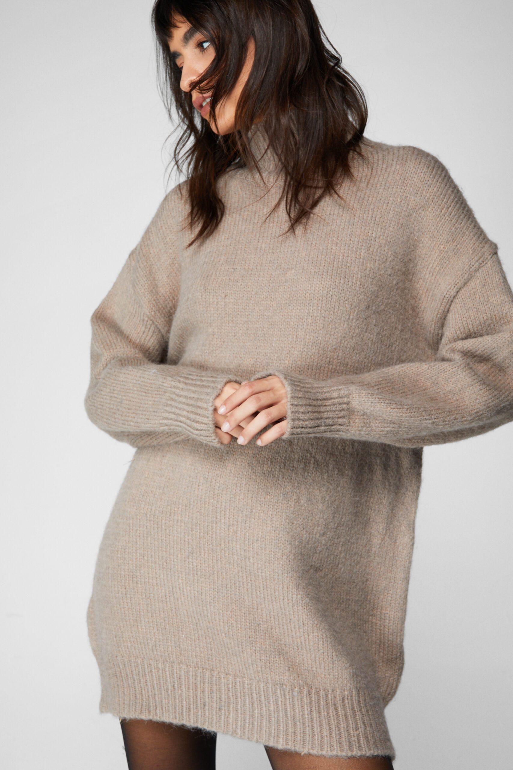 Brushed Knit Oversized Turtleneck Jumper Dress