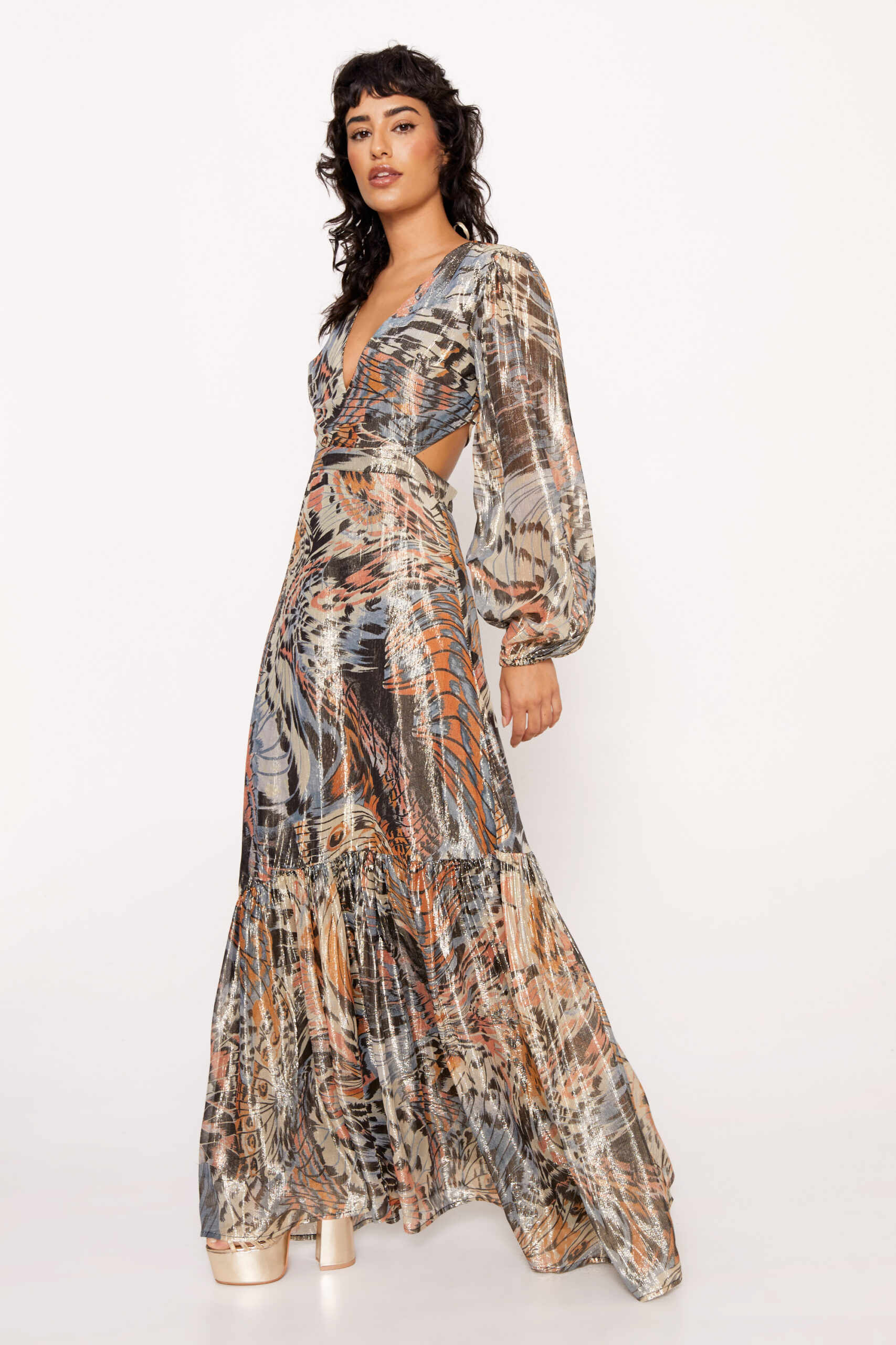 Butterfly Print V Neck Maxi Dress