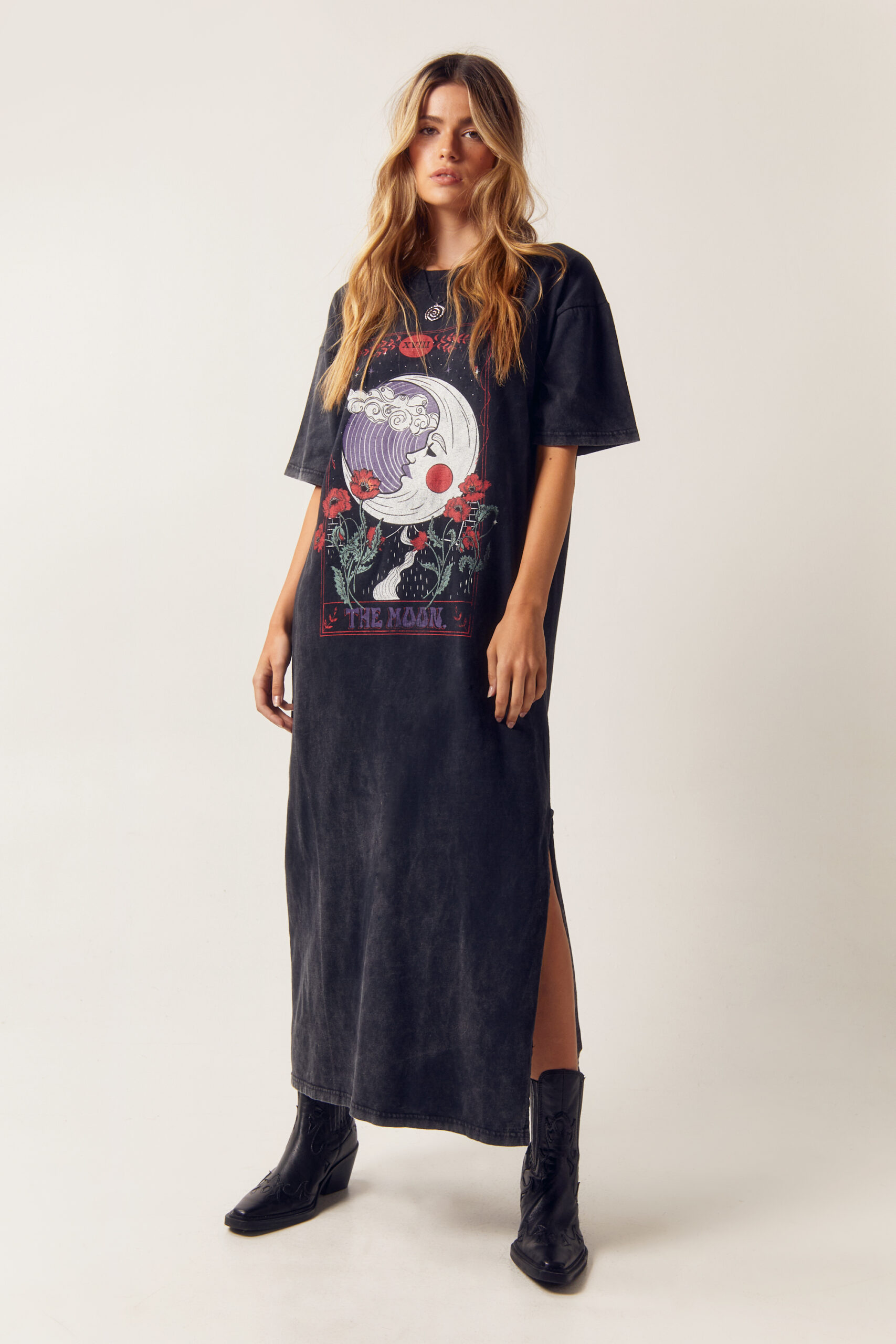 Celestial Graphic Acid Wash Maxi T-Shirt Dress