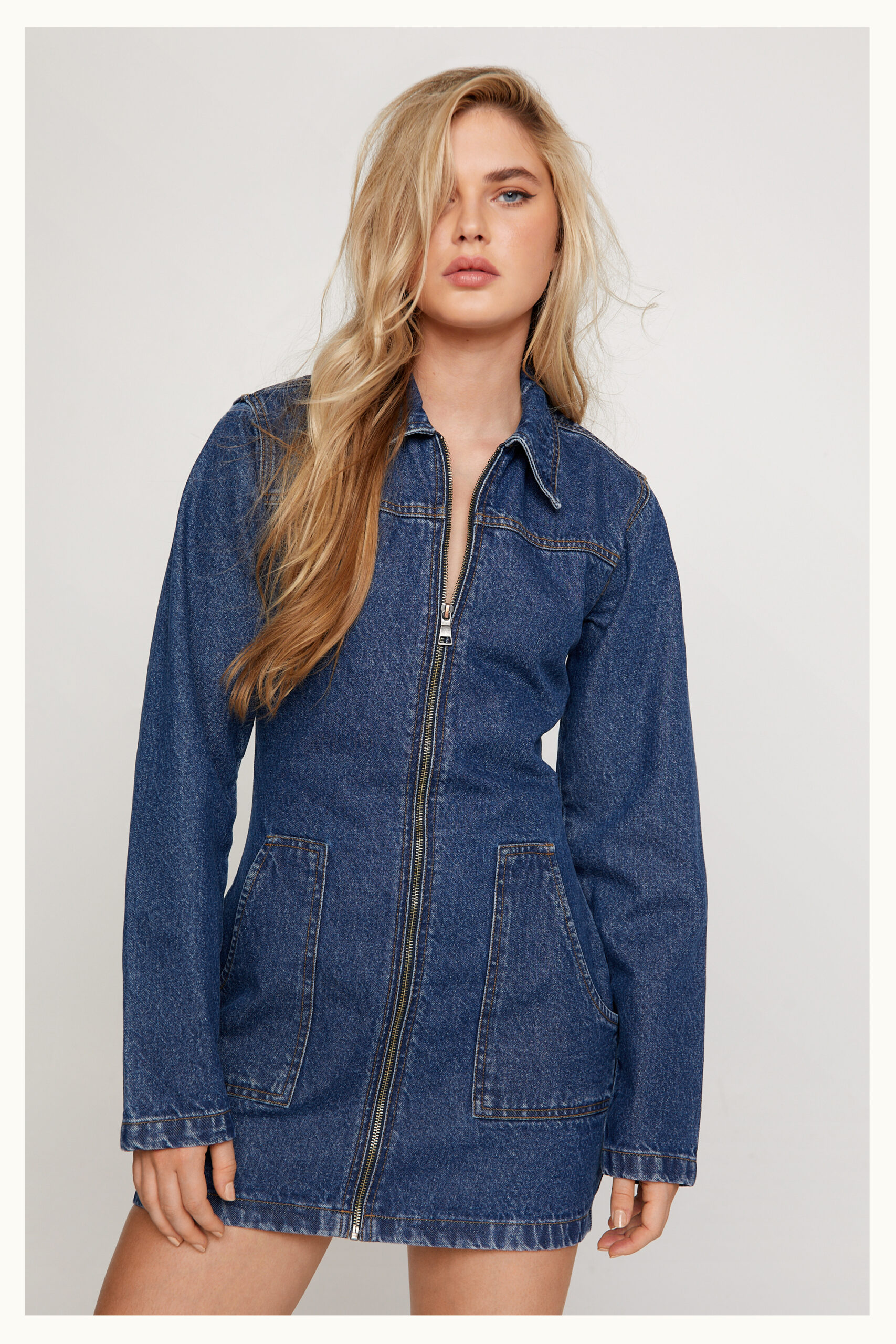 Long Sleeve Zip Through Denim Dress