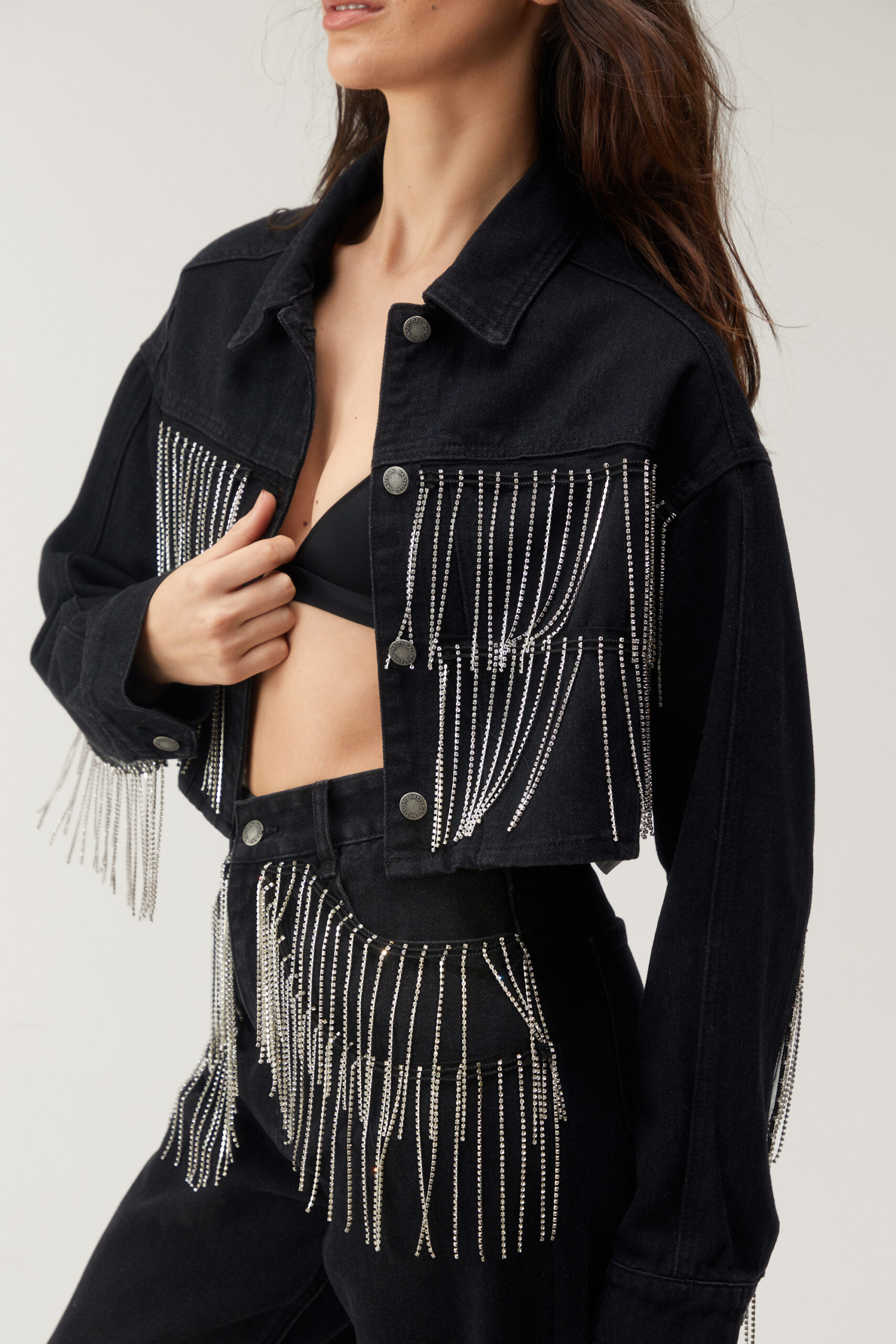 Embellished Fringe Trim Cropped Denim Jacket