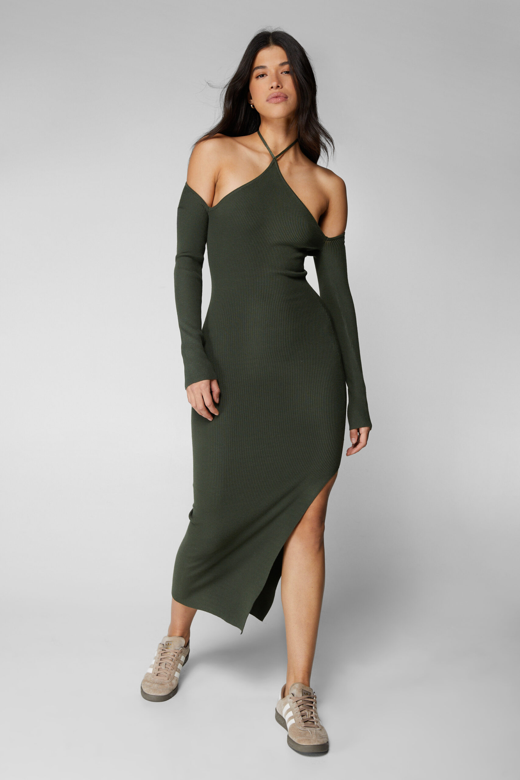 Ribbed Off Shoulder Halter Neck Midaxi Dress