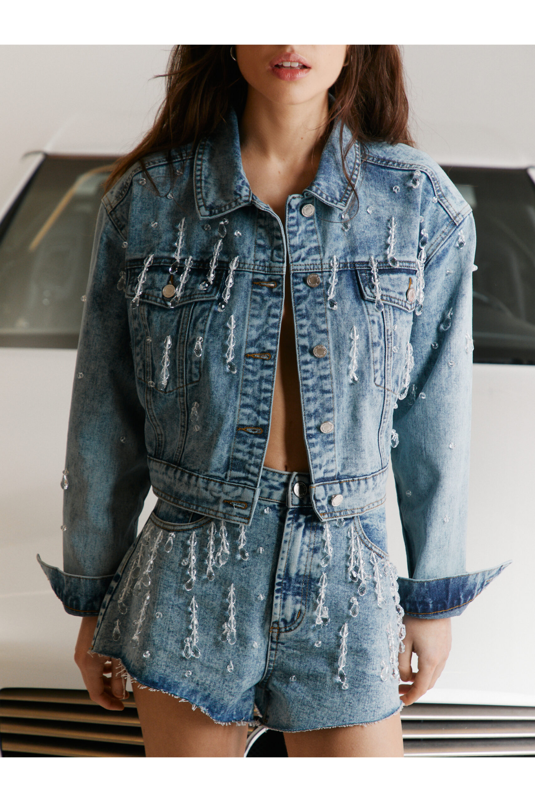 Embellished Dangle Bead Denim Jacket