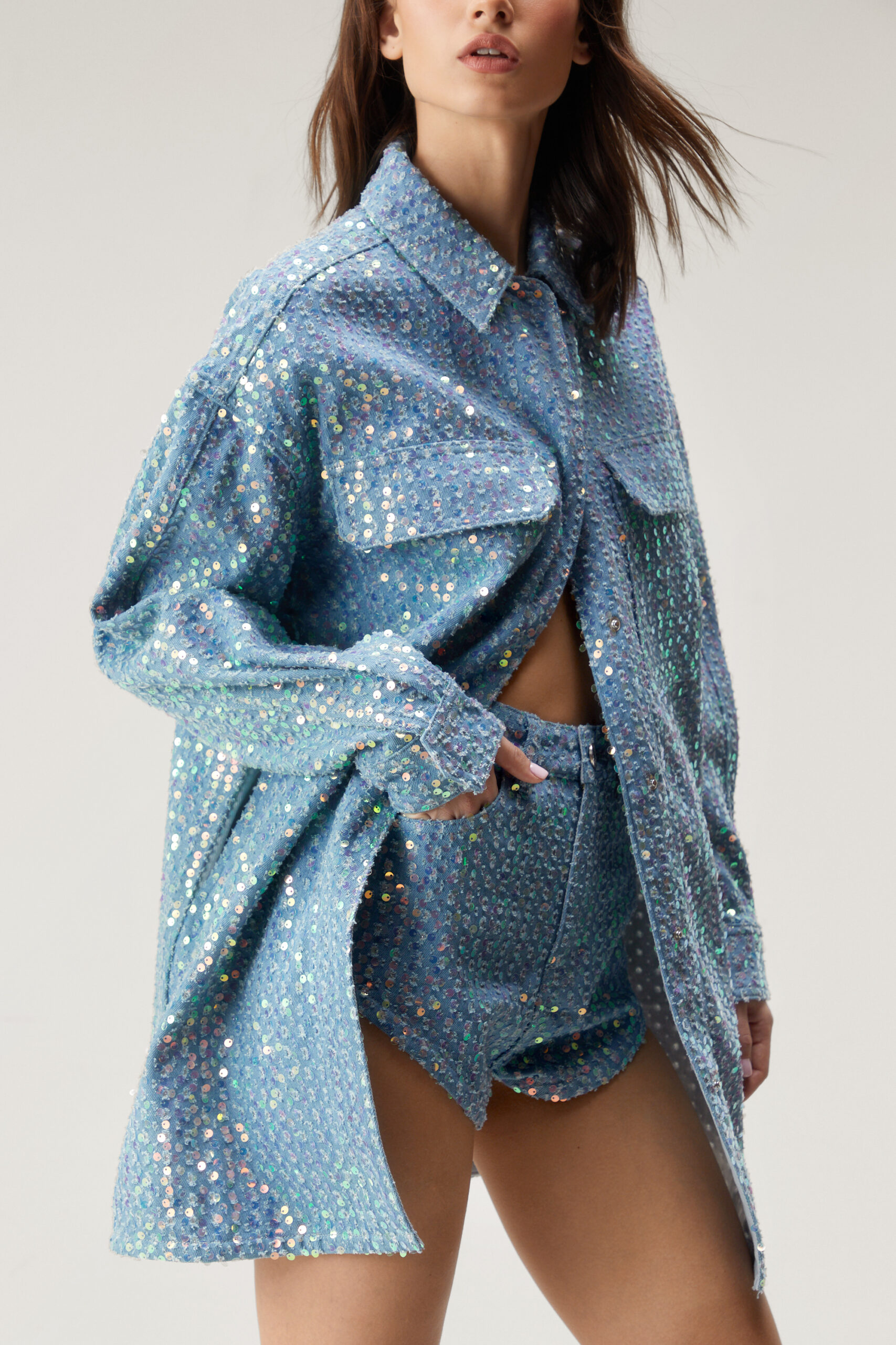 Sequin Oversized Denim Shirt