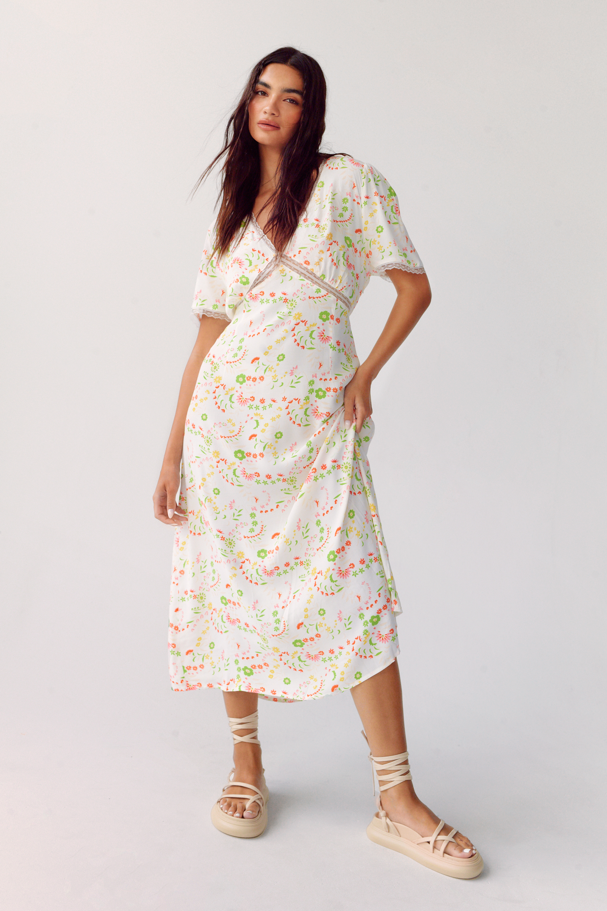 Floral Print Lace Trim Tea Dress