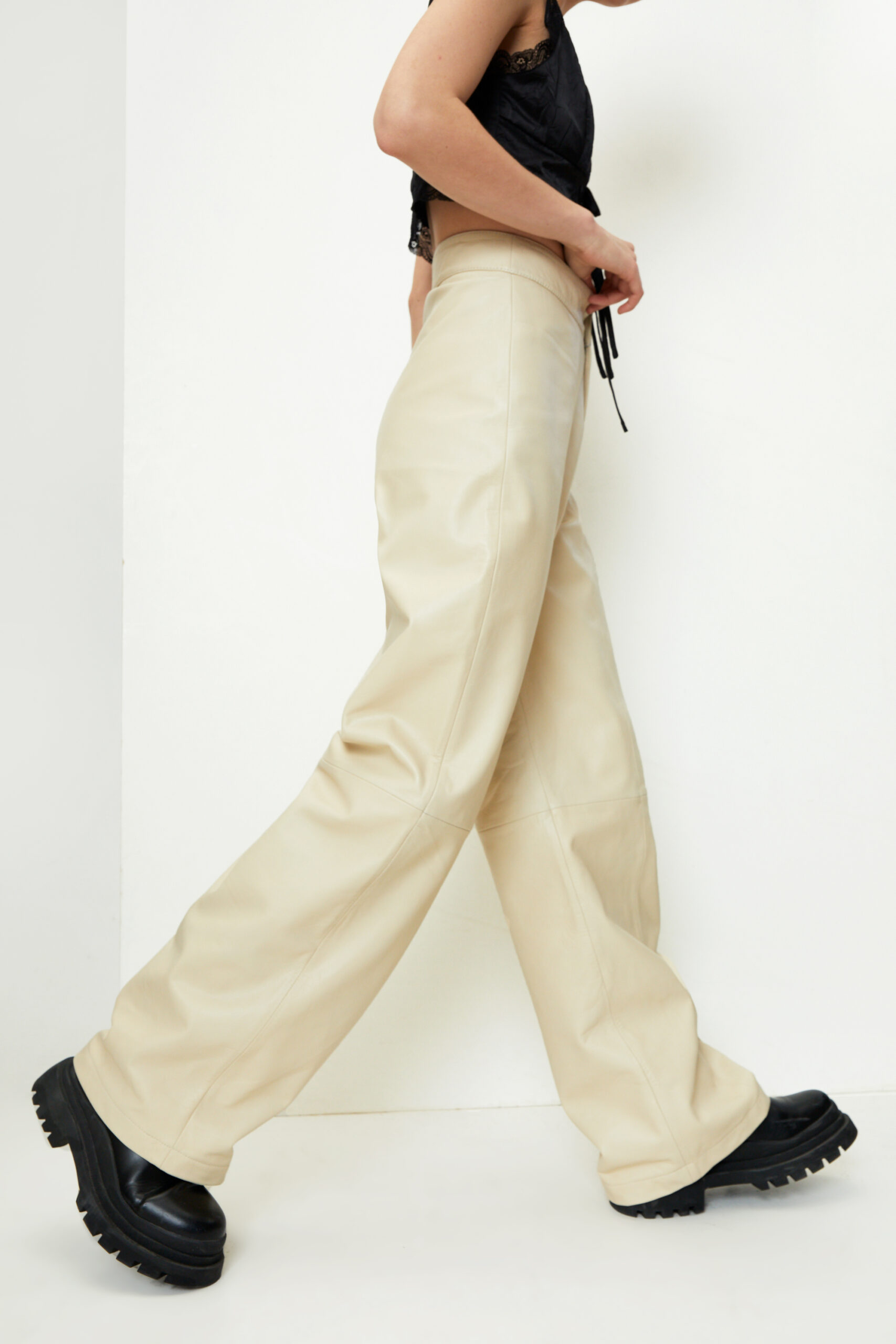 Real Leather Wide Leg Seam Detail Pants