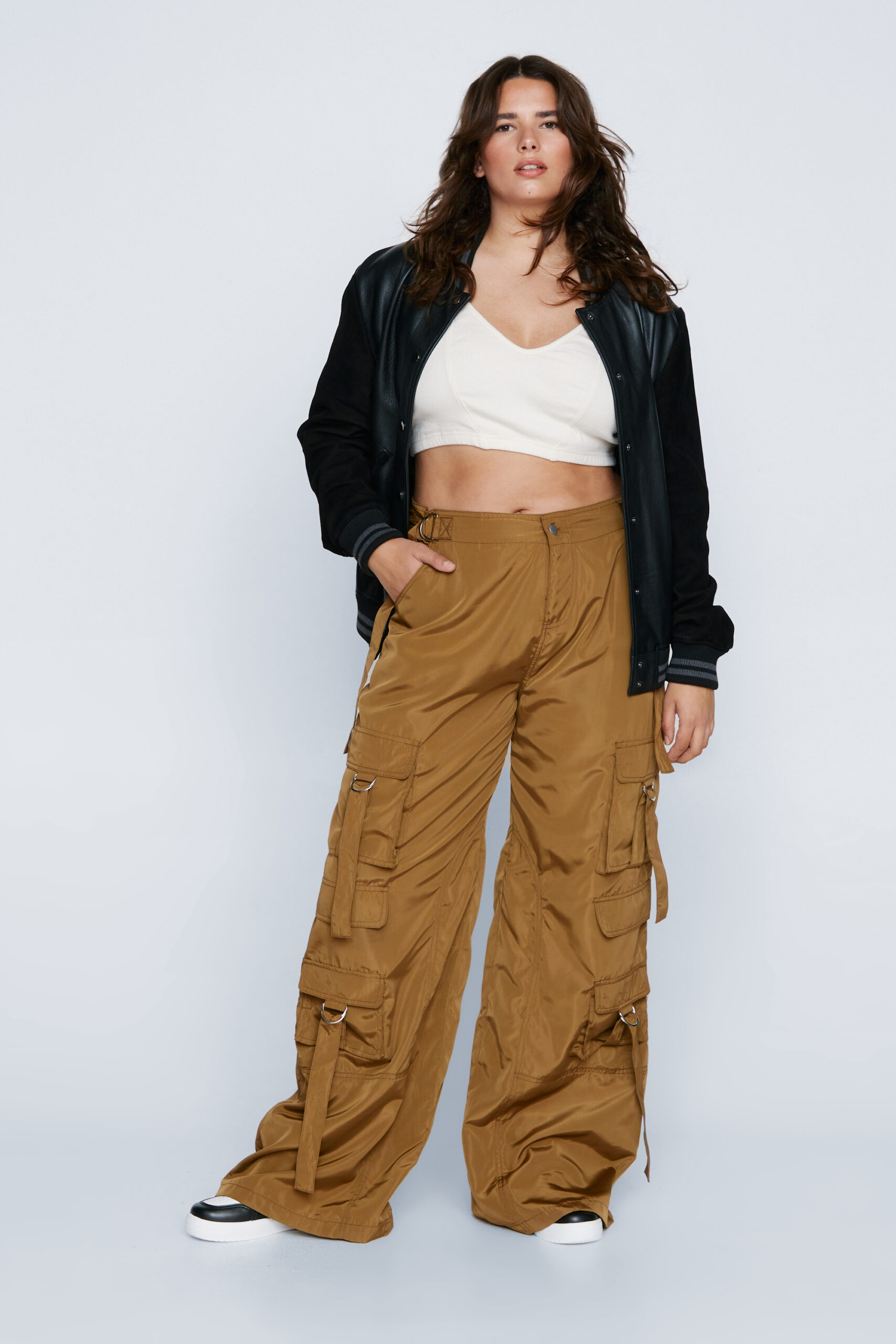 Plus Size Nylon Wide Leg Straight Pocket Cargo Pants