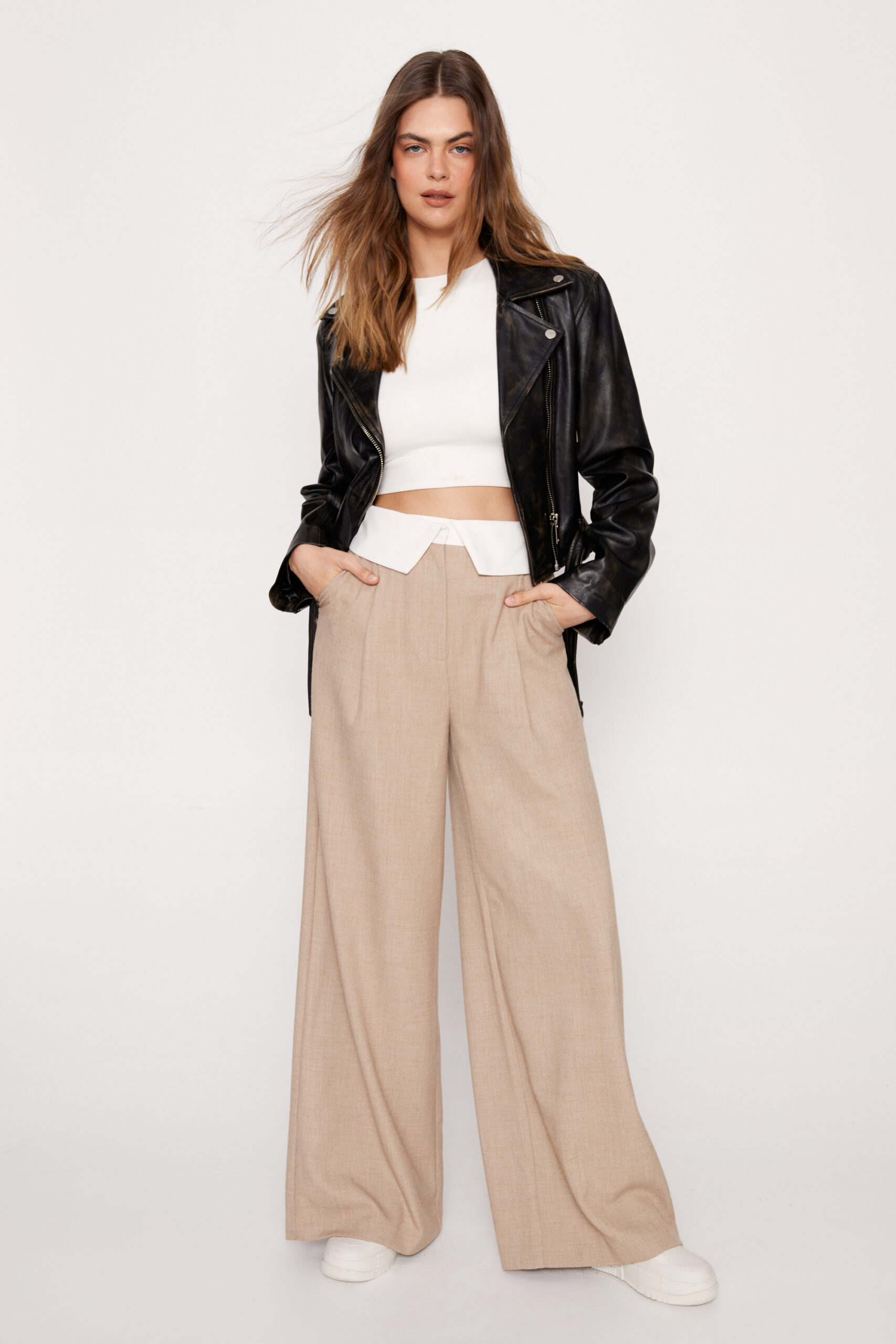 Color Block Waist Band Wide Leg Pants