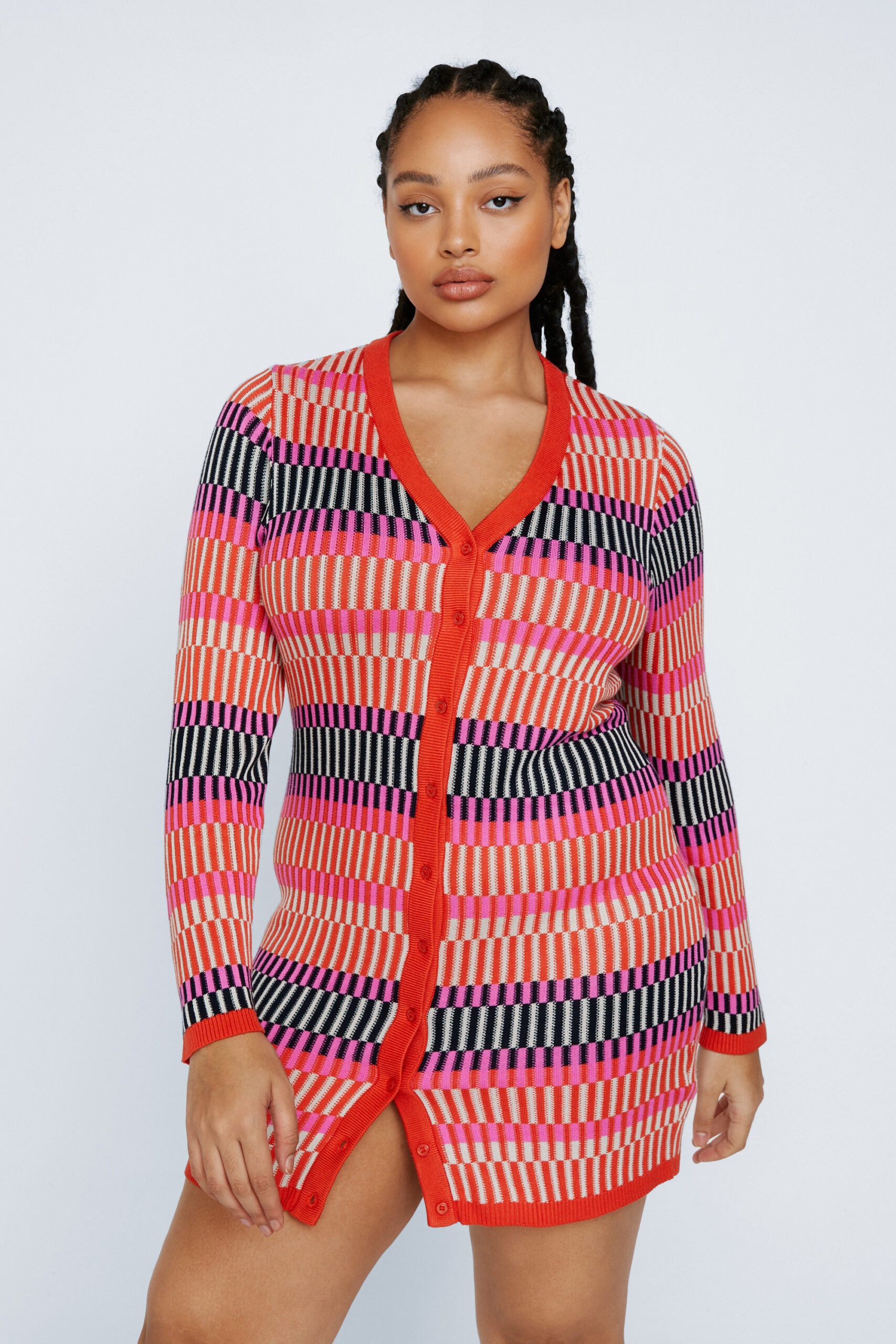 Plus Size Contrast Stripe Button Up Knit Mini Dress