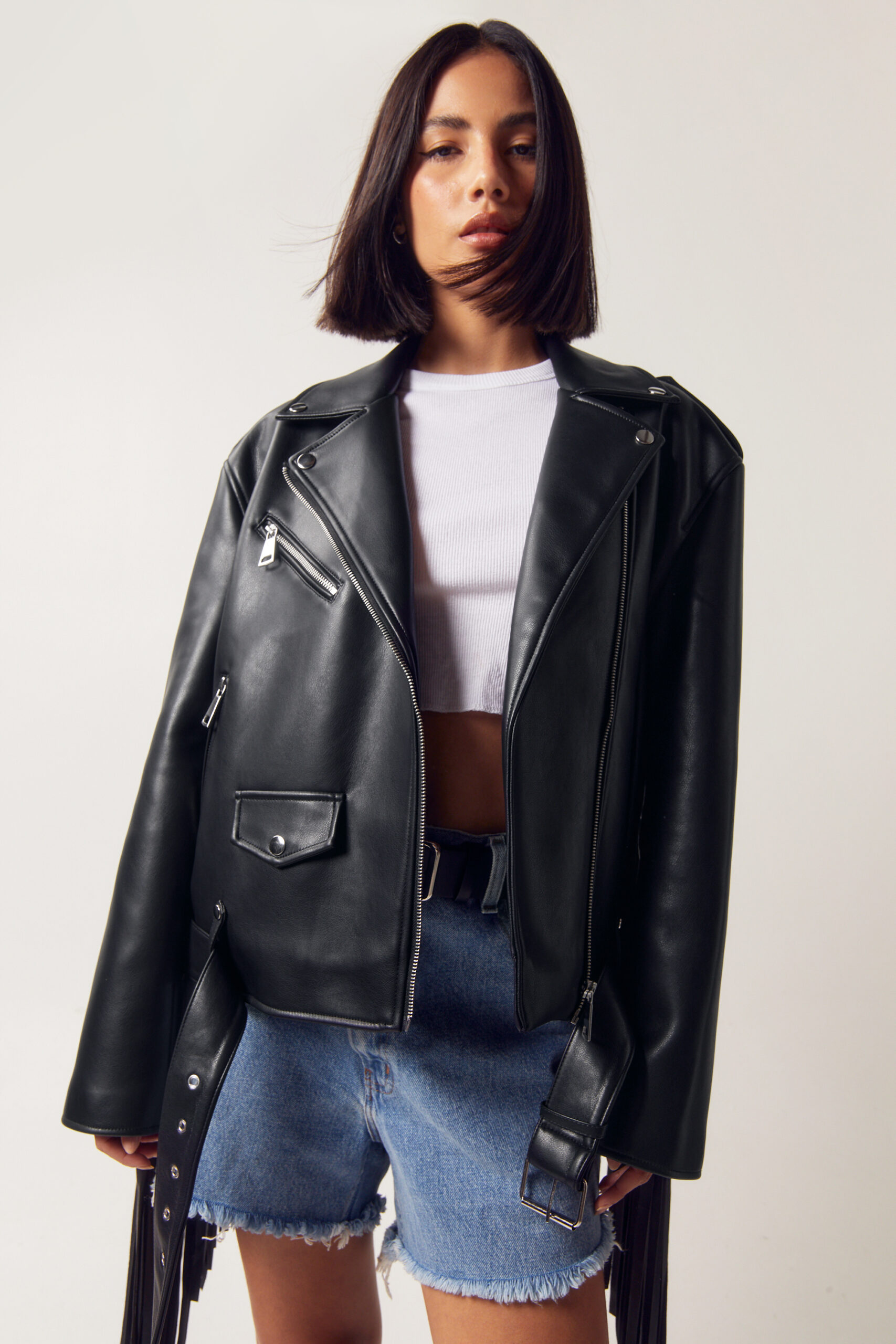 Faux Leather Fringe Back Biker Jacket