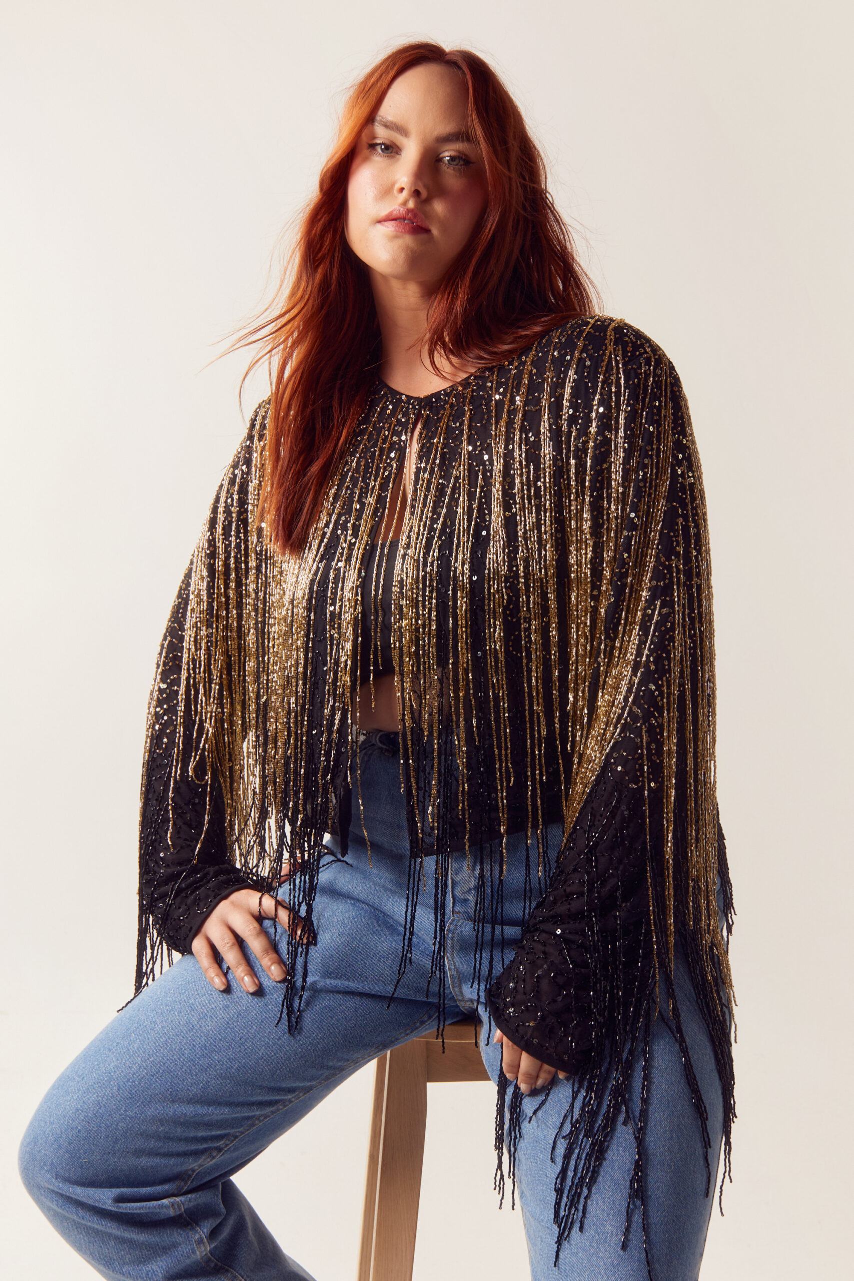 Plus Size Tassel Beaded Metallic Jacket