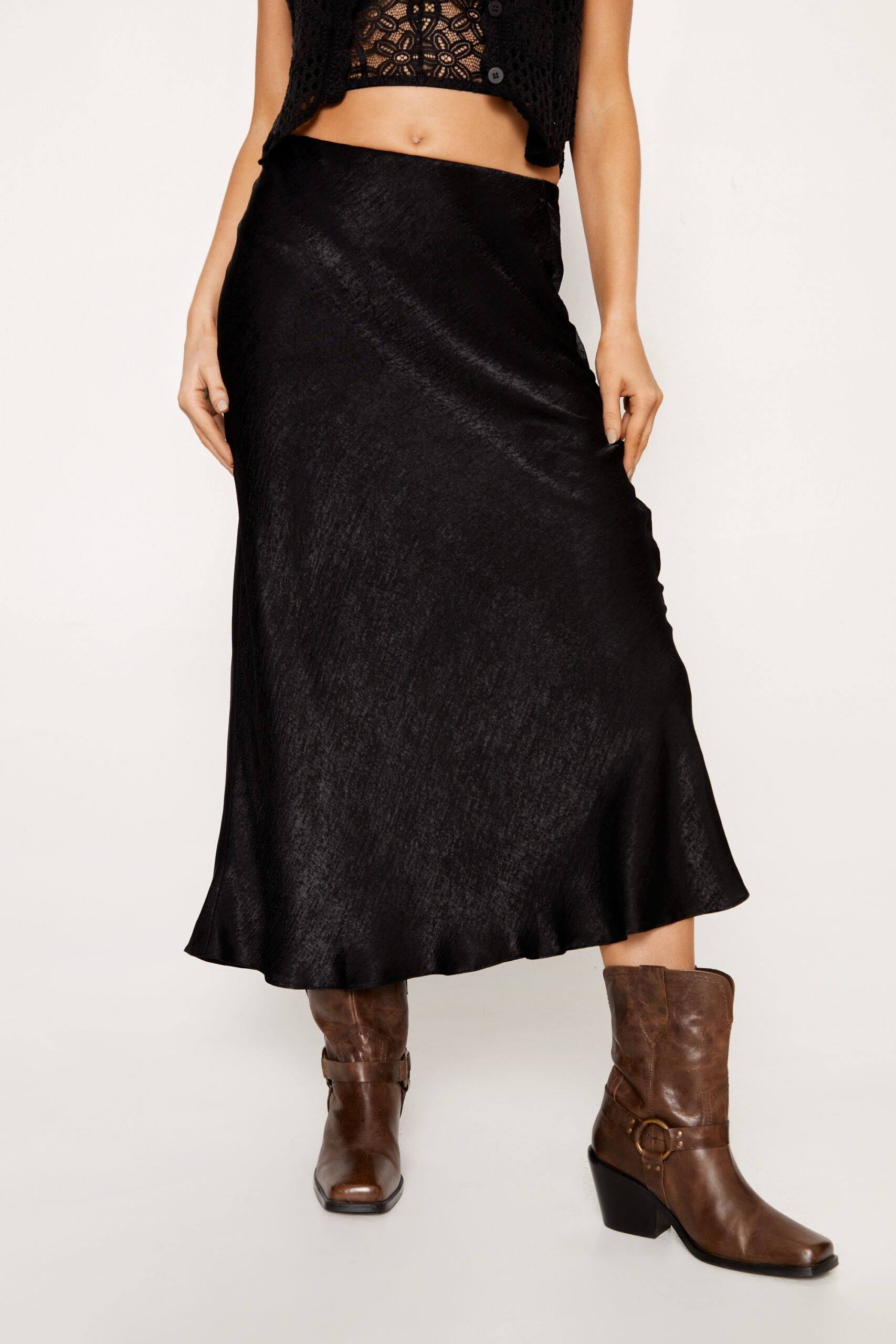 Petite Bias Cut Shimmer Satin Split Midi Skirt