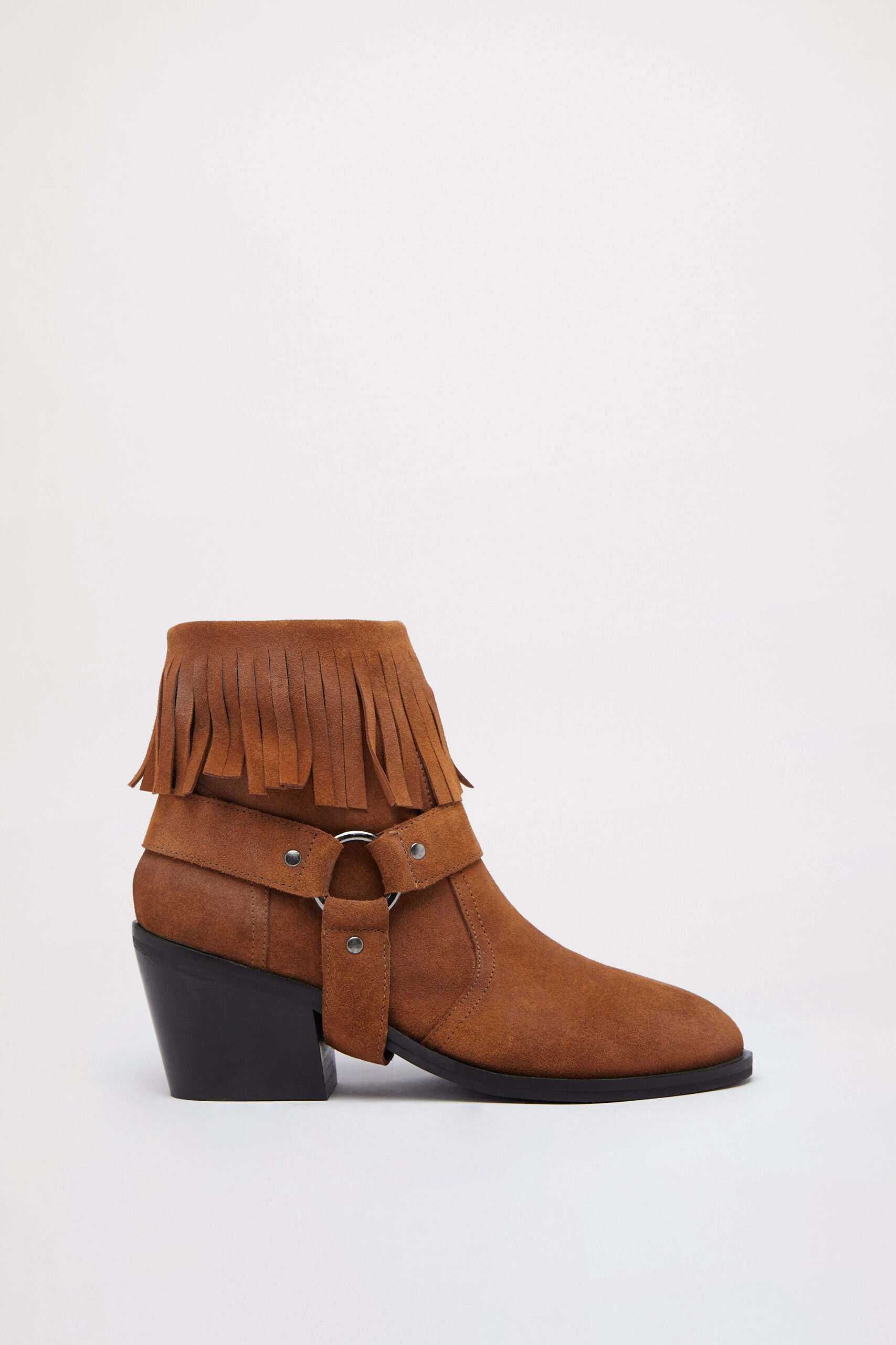 Tarnished Suede Fringe Harness Ankle Cowboy Boots