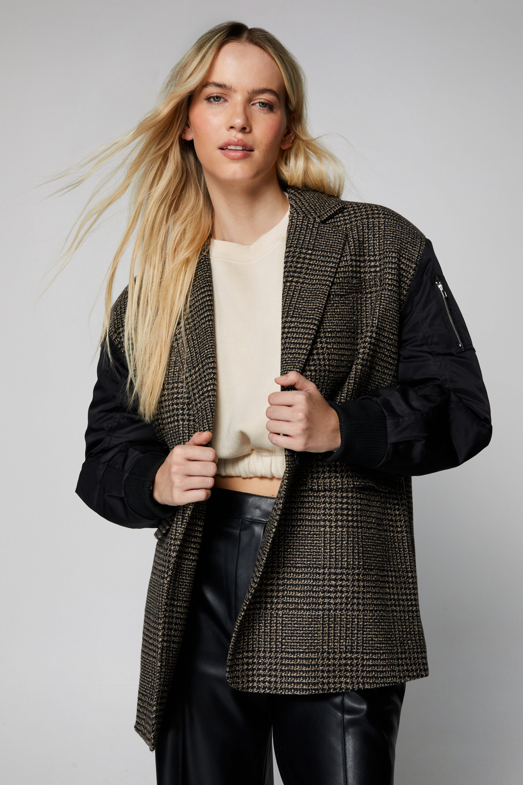 Wool Blend Hybrid Tailored Plaid Bomber Jacket