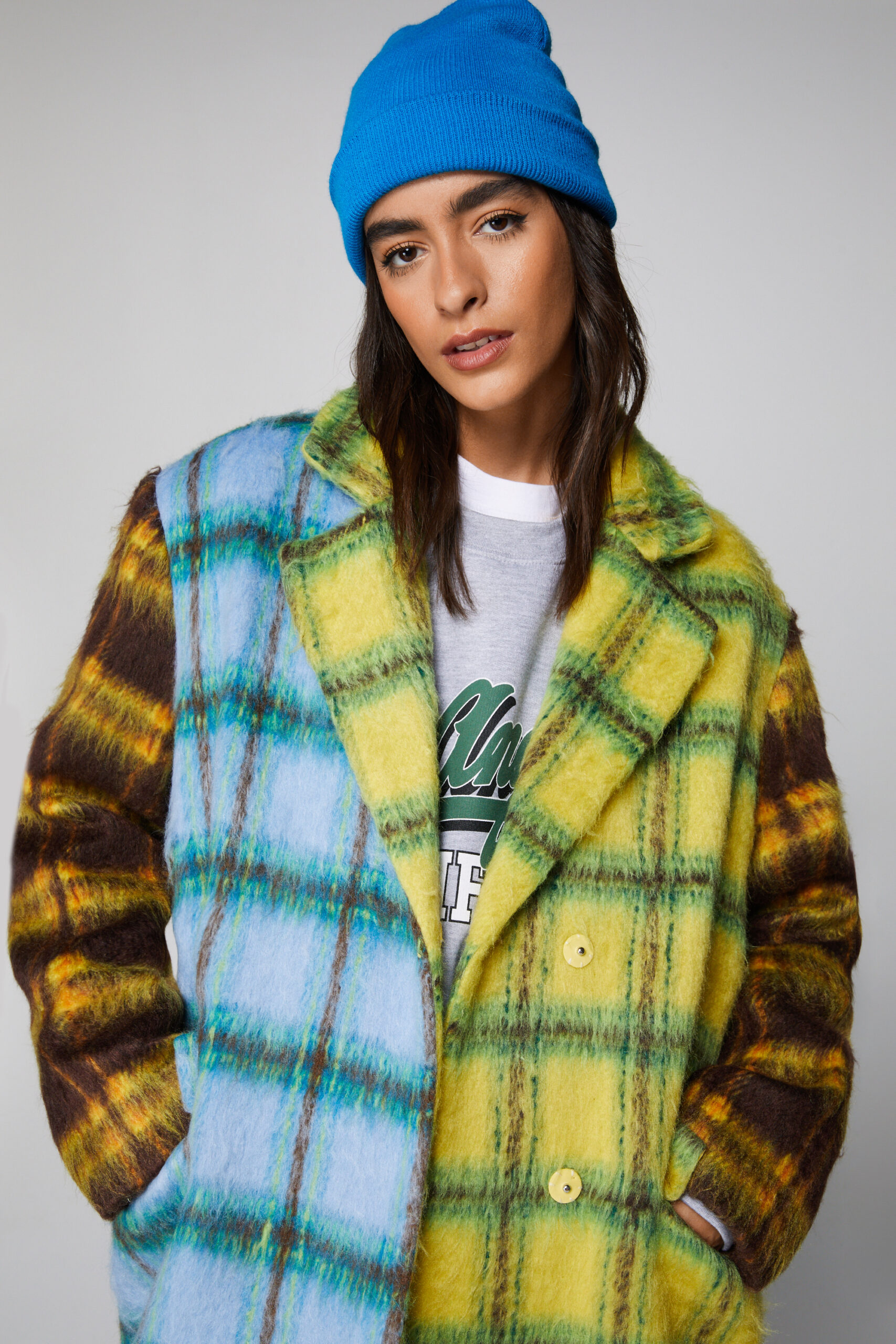 Wool Look Contrast Plaid Panelled Coat