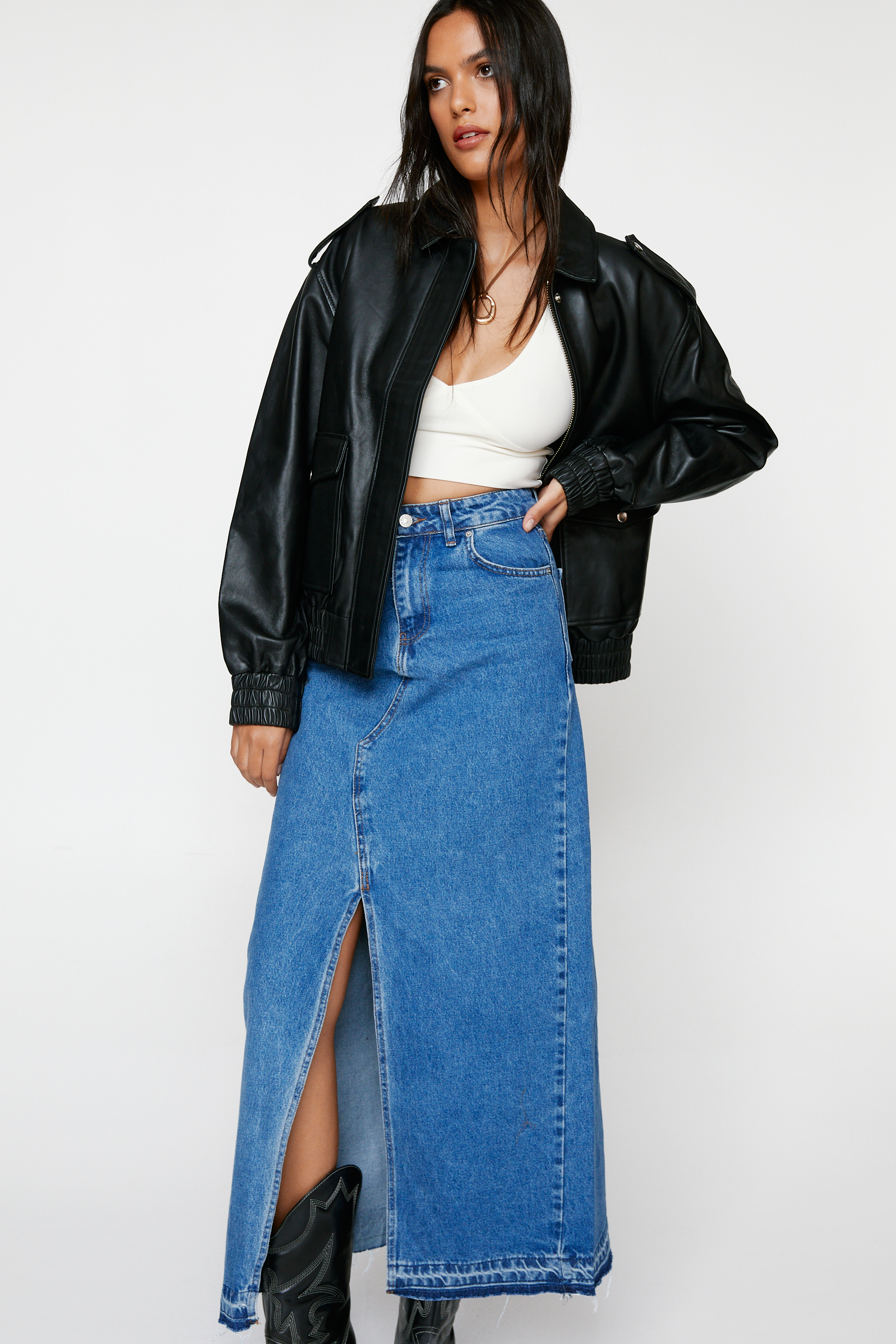 Slit Front Denim Maxi Skirt