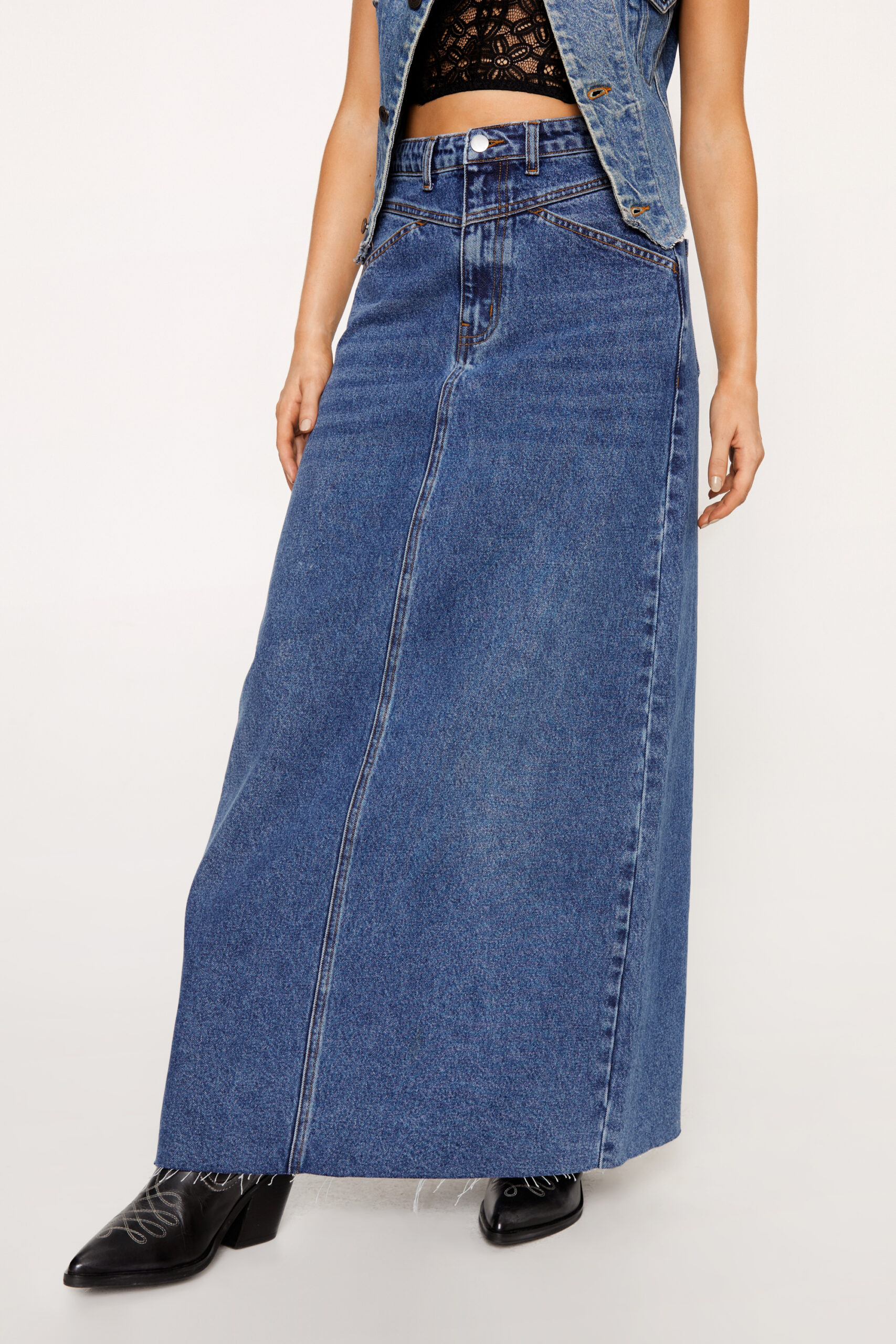 Denim Frayed Hem Maxi Skirt