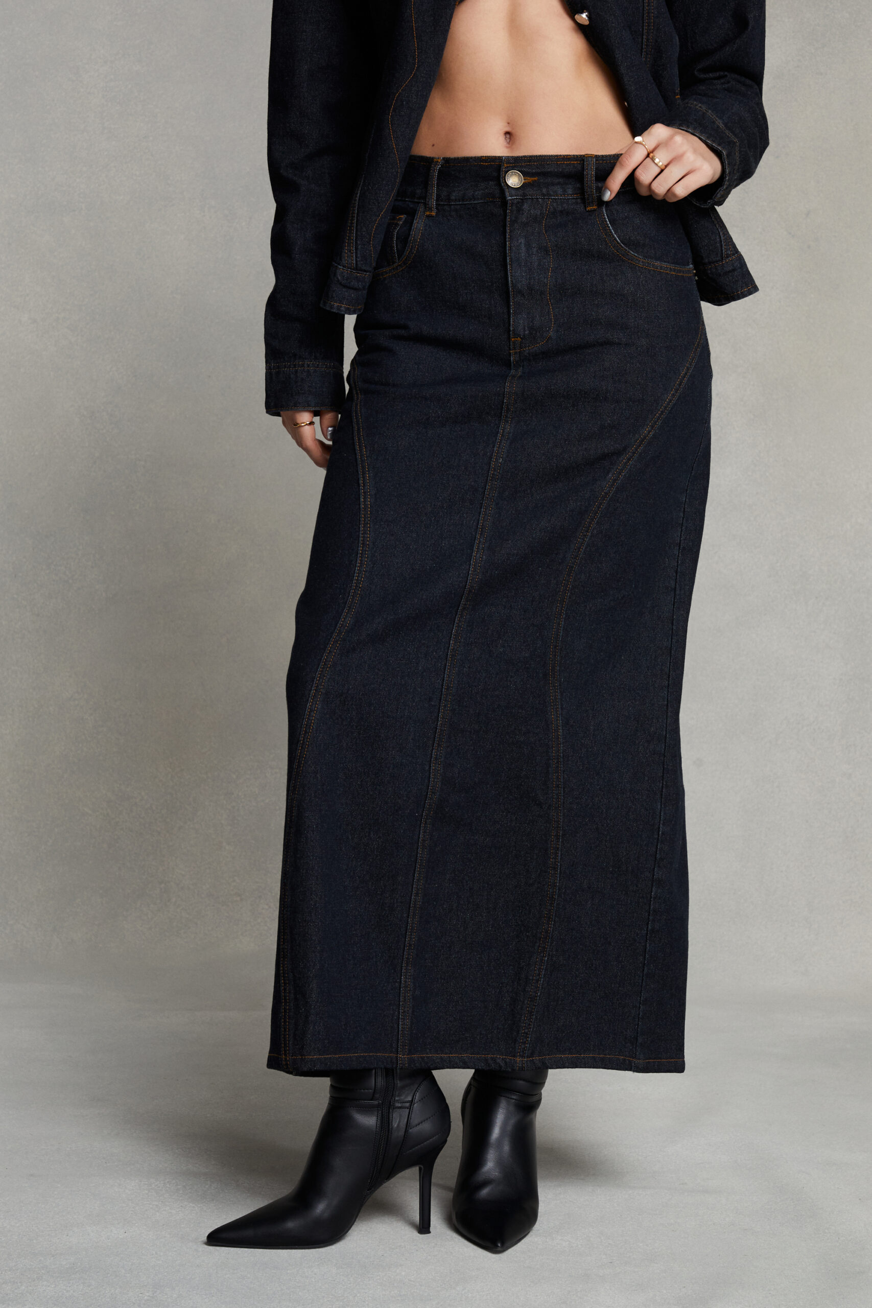 Paneled Denim Maxi Skirt