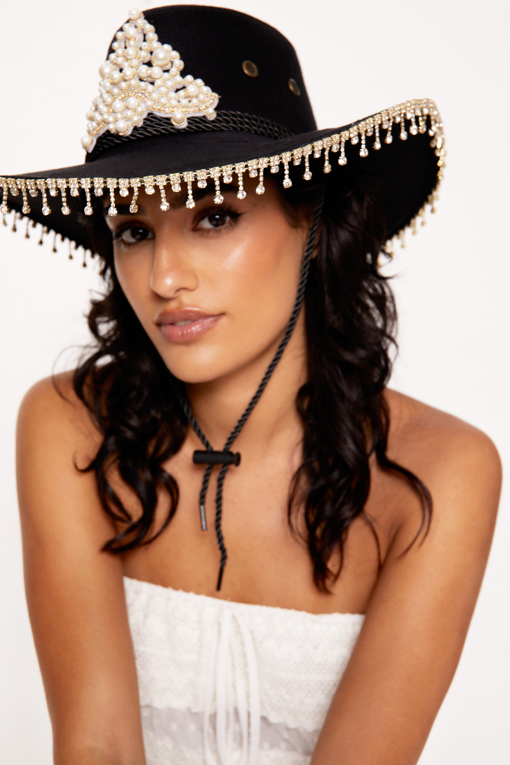 Pearl Embellished Tassel Trim Cowboy Hat